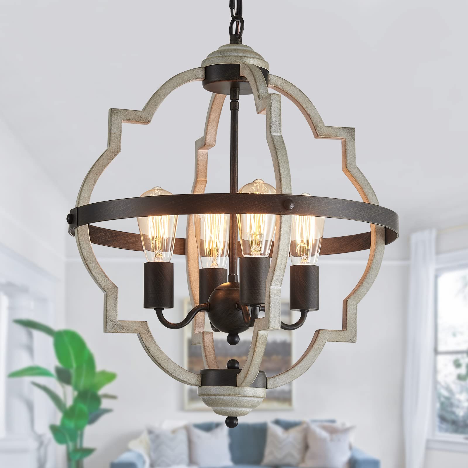 MEIXISUE Rustic Farmhouse Chandelier,ORB+Oak Finish,4-Light Vintage Antique Chandeliers Pendant Light Fixtures for Kitchen Dinin