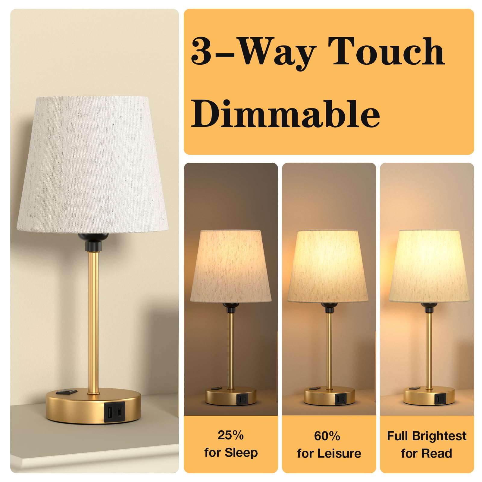 Acaxin Lamp For Bedrooms Set Of 2 - Nightstand Bedroom Lamp With Usb C Port And Ac Outlet Charging, 3 Way Dimmable Touch Control