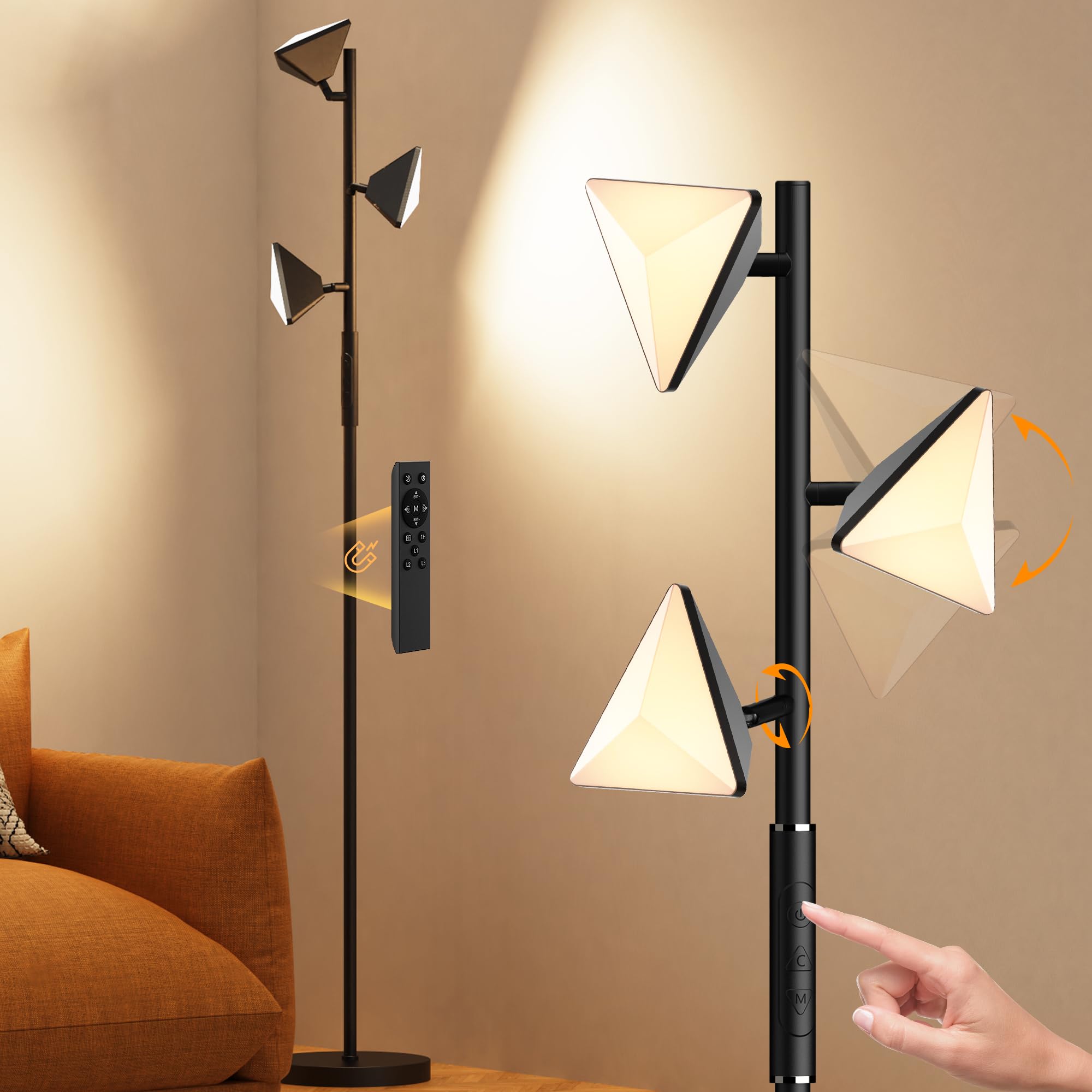 ROTTOGOON LED Tree Floor Lamp, 36W Dimmable Tall Standing Lamp with Remote & Touch Control, 2700K-6500K 4 Color Temperatures, 3 