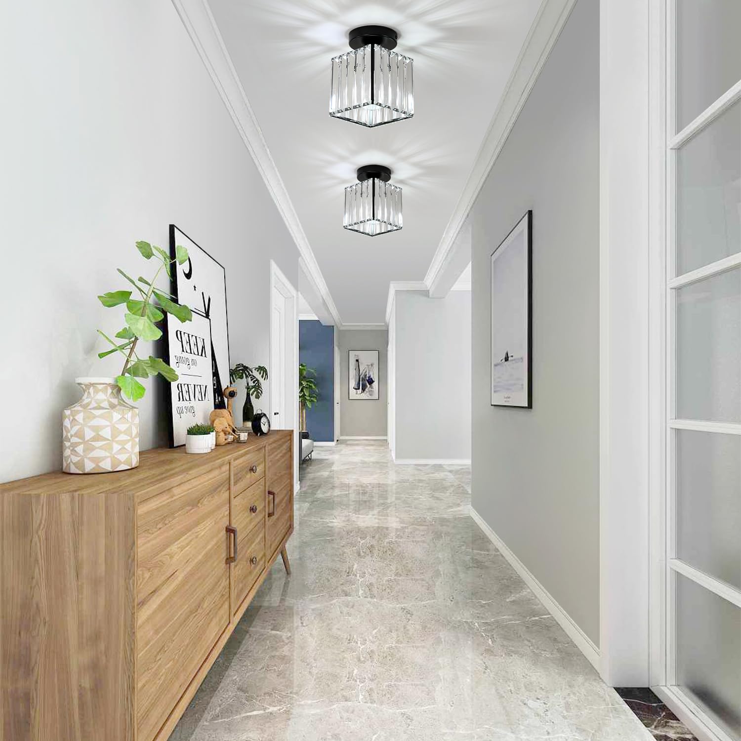 Goeco Ceiling Light, 2 Pack Square Crystal Semi Flush Mount Ceiling Light, 5.1 Inch Modern Black Mini Size Close To Ceiling Ligh