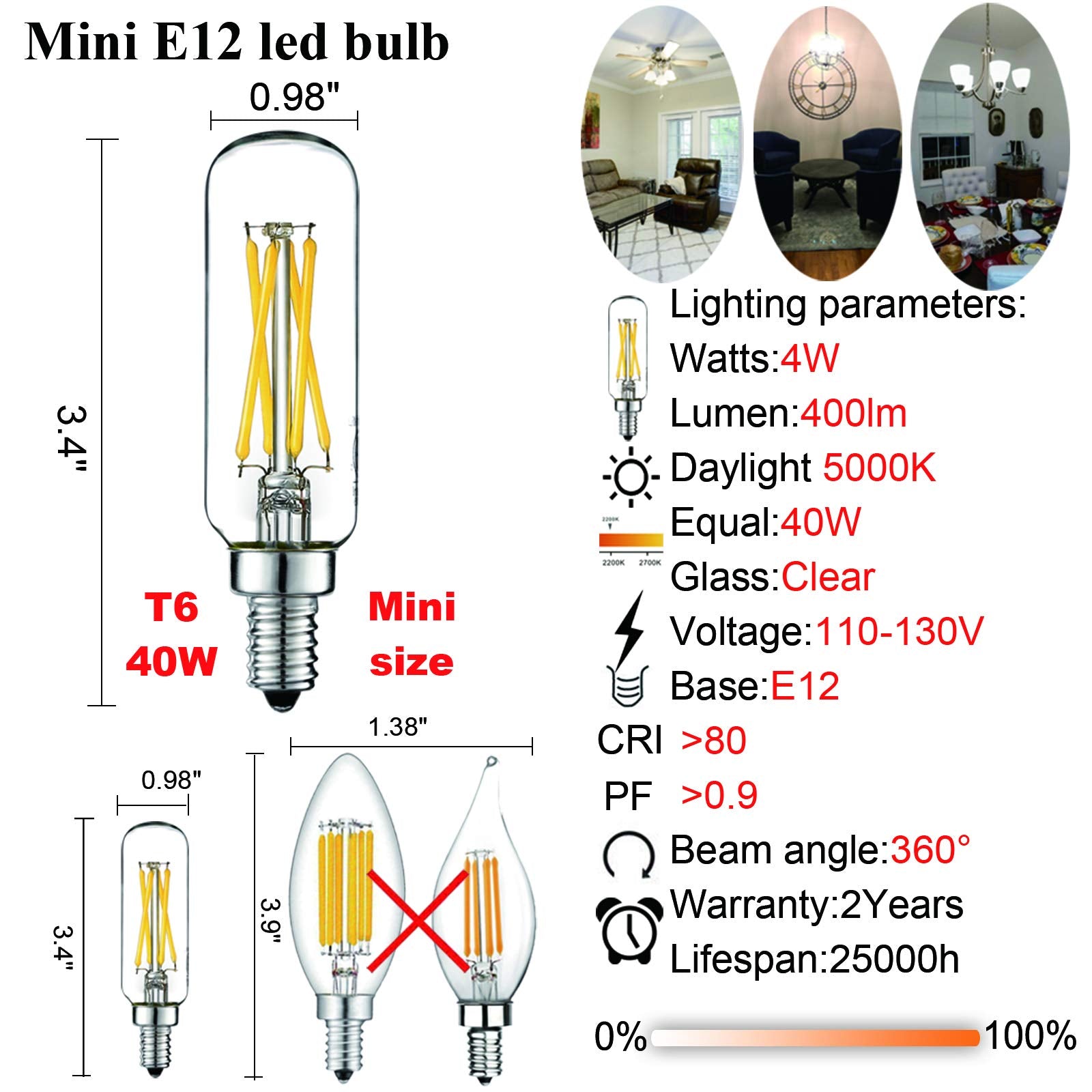 LiteHistory E12 Dimmable LED Bulb 4W (40W Equivalent) 5000K Daylight Clear Glass T6 T25 6-Pack