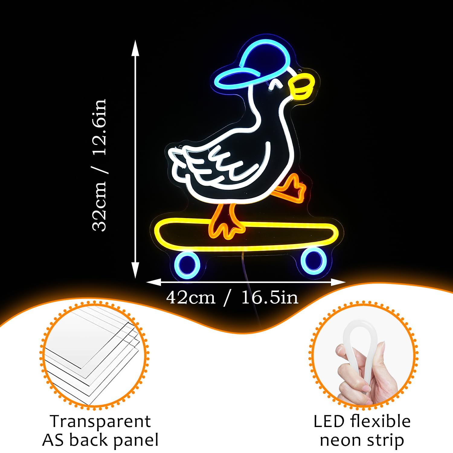 LISIGNVE LED Neon Sign - Skateboard Duck Light, Dimmable, USB Powered, 16.5”x12.6”, Yellow Blue Orange White, Wall Decor for Kids