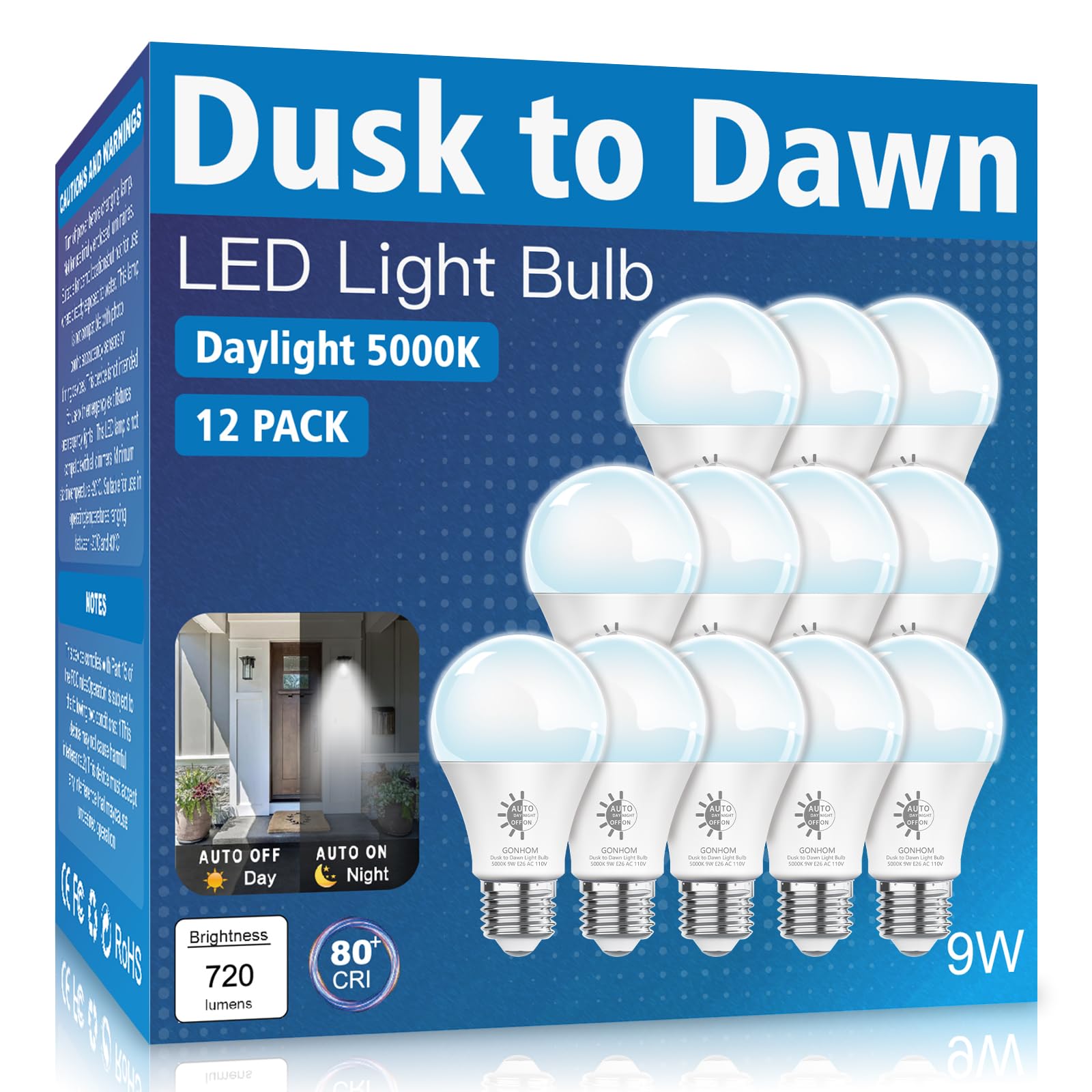 Gonhom 12 Pack Dusk To Dawn Led Bulbs, 5000K Daylight, 720Lm, Automatic On/
