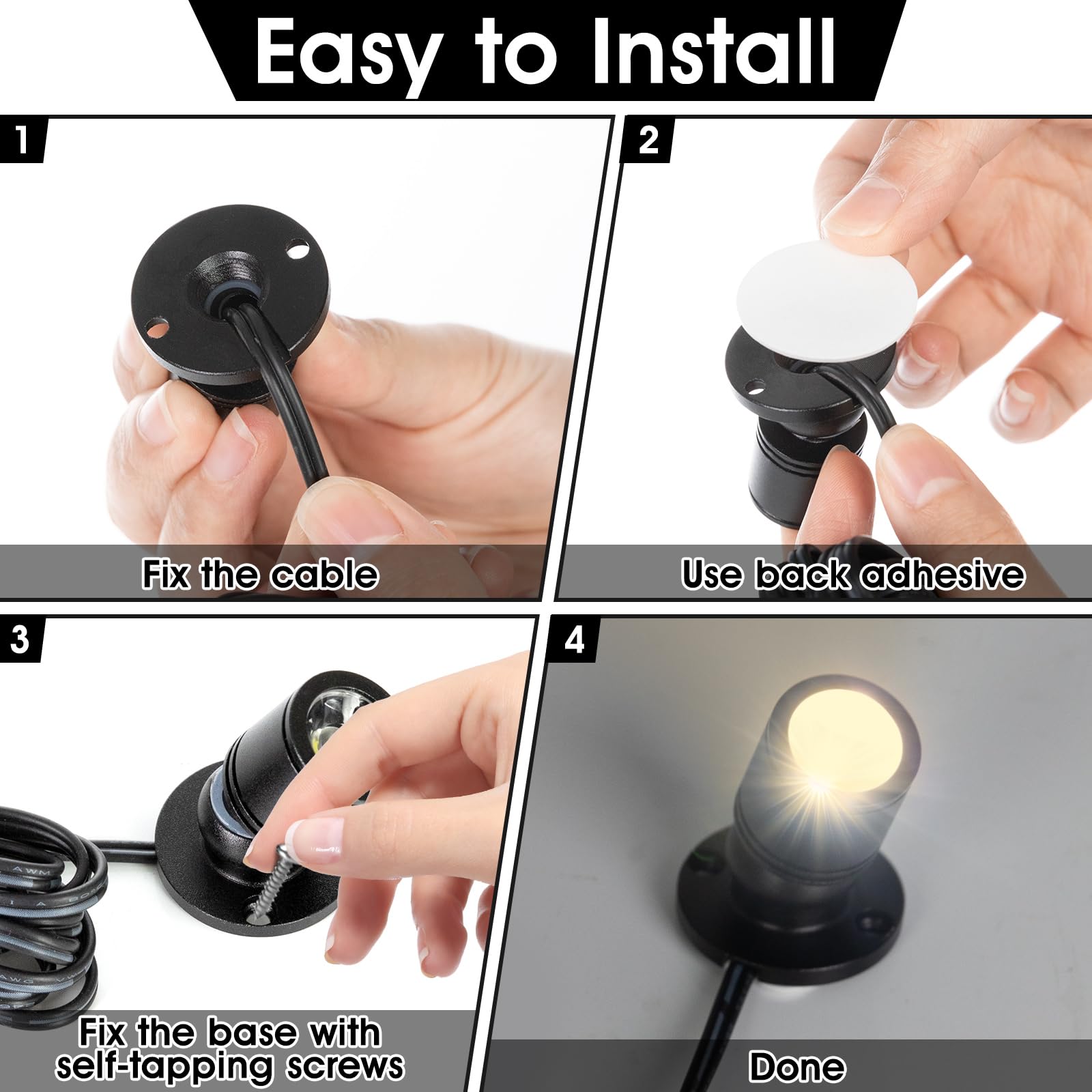 DEDC Mini LED Spot Lights, 6pcs Warm White 1W Under Cabinet Lighting with Dimmer, Aluminum, USB Plug, Pushbutton Switches