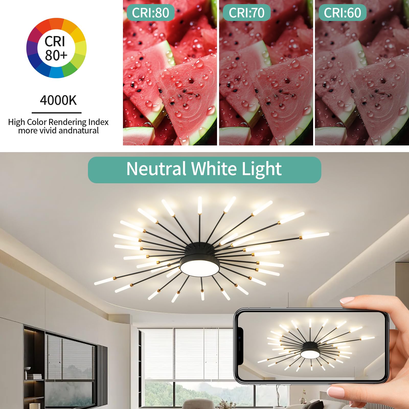 Ziidoo Modern Ceiling Light  28+1 Lights Metal Firework Designed Chic Led Lighting Fixture For Farmhouse Kitchen Dining Room Bedroom Hallway Living Room (Black)
