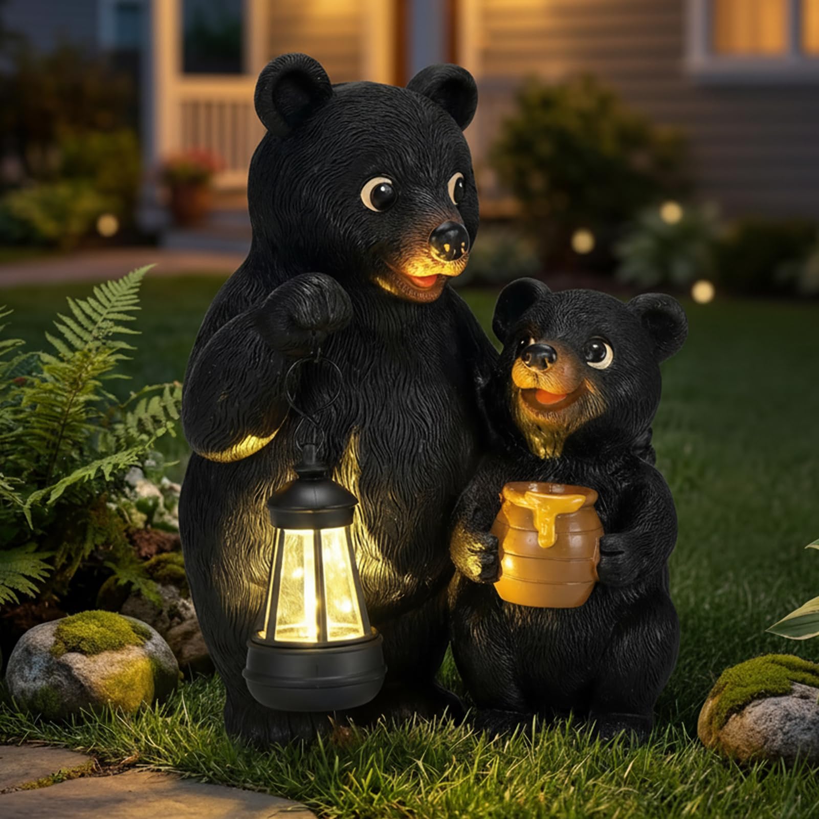 Lavezee Garden Bear Statues 8.9  Mother and Baby Bear Figurines with Solar Lantern for Outdoor Porch Yard Lawn  Unique Bear Gifts for Mom Grandma Women