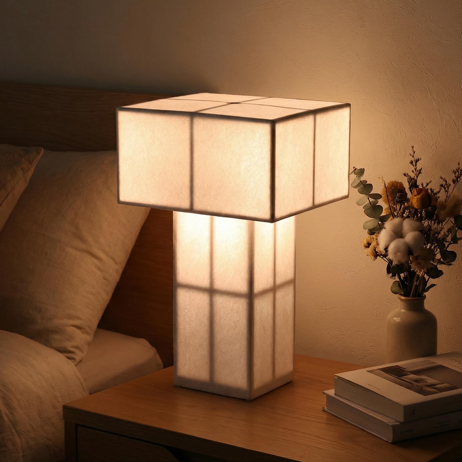 WISHCODE Cordless Decorative Table Lamp, Touch Dimmable Bedside Lamp with Handcrafted Fiber Shade, USB-C Rechargeable Lamp for B