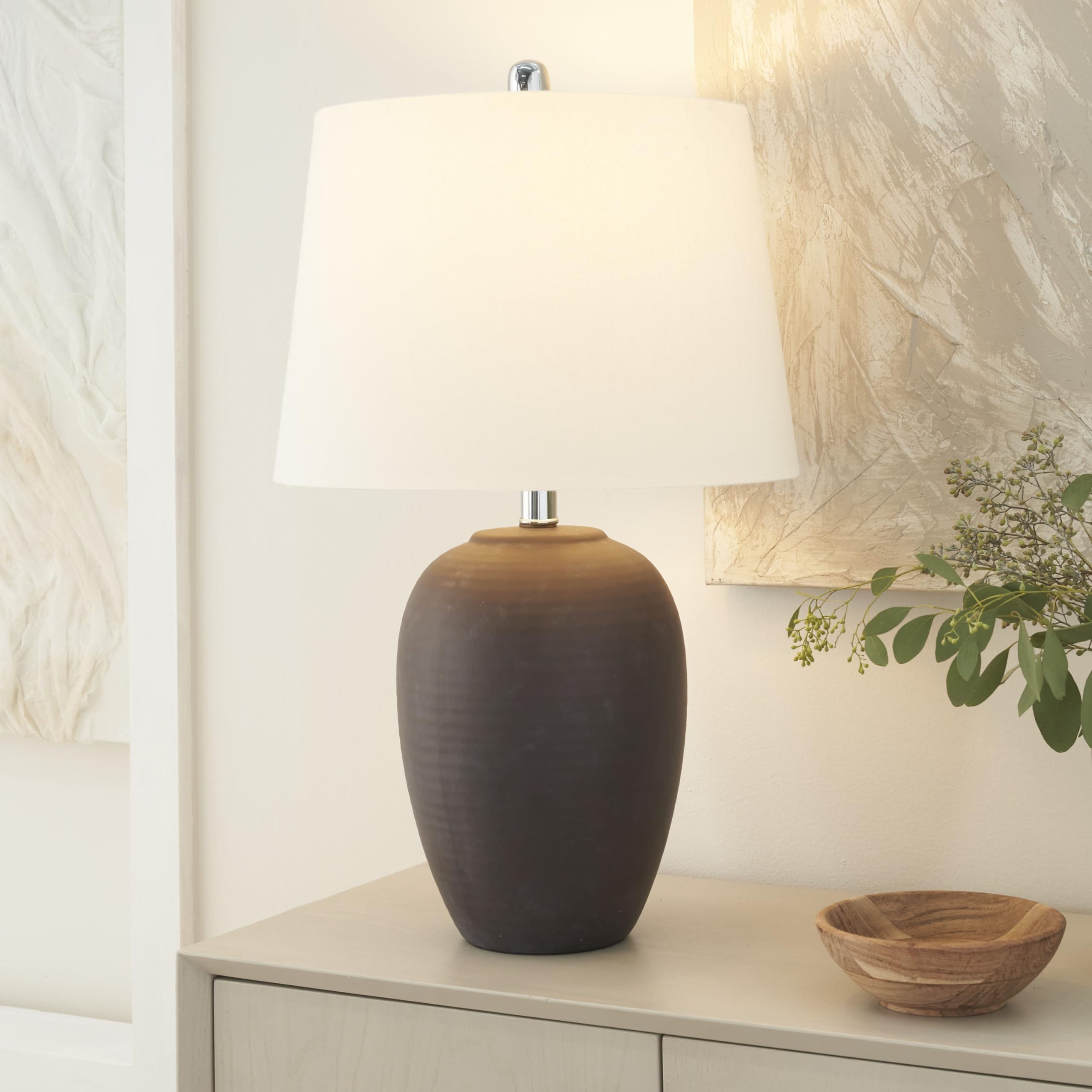 Nourison 23'' Eggplant Purple Ceramic Pot Table Lamp For Bedroom, Living Room, Dining Office, With White Tapered Drum Shade