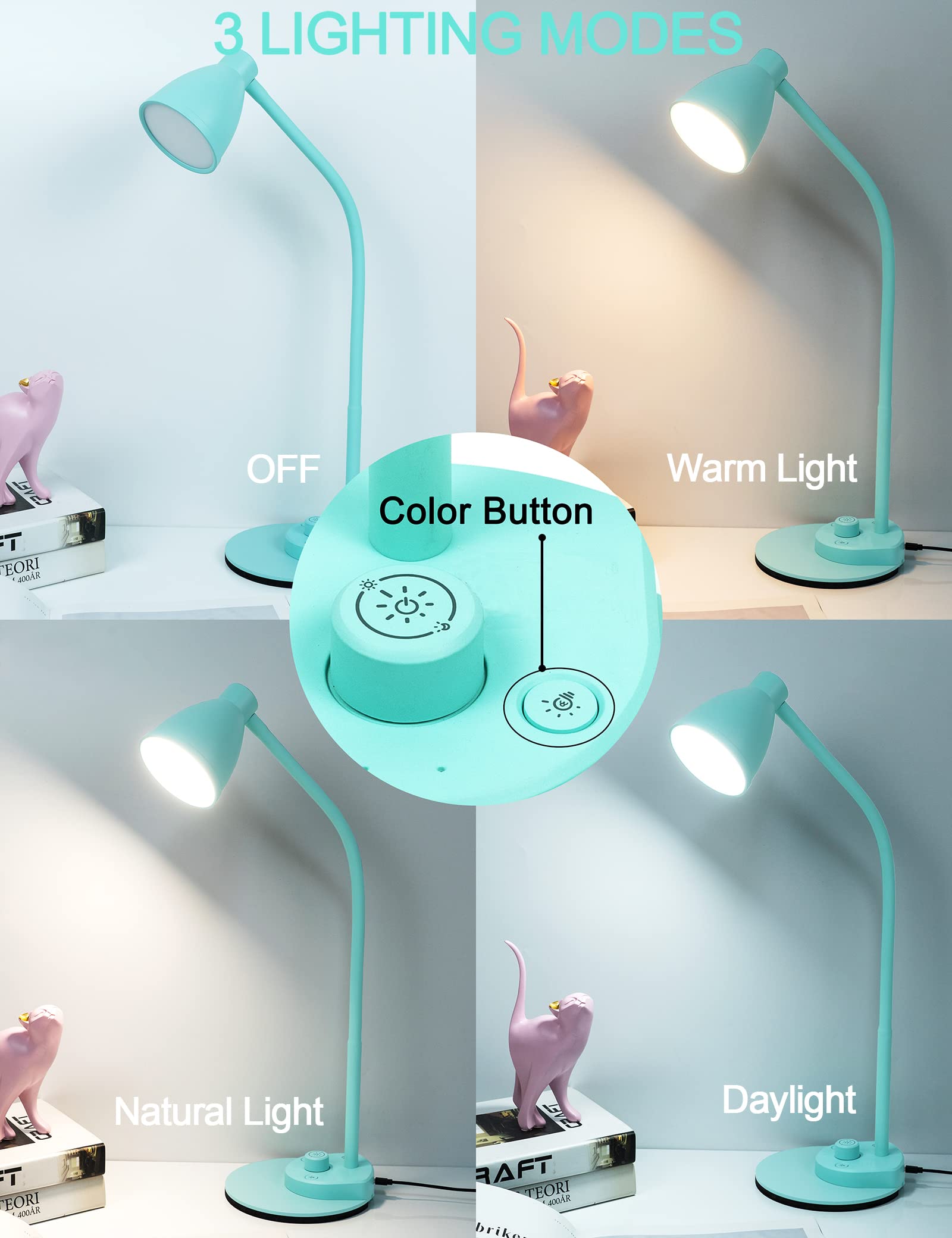 BOHON LED Desk Lamp, Flexible Gooseneck, 3 Color Modes, Dimmable, Teal, Model GGBDL10WT, USB Charging Port, Adapter Included
