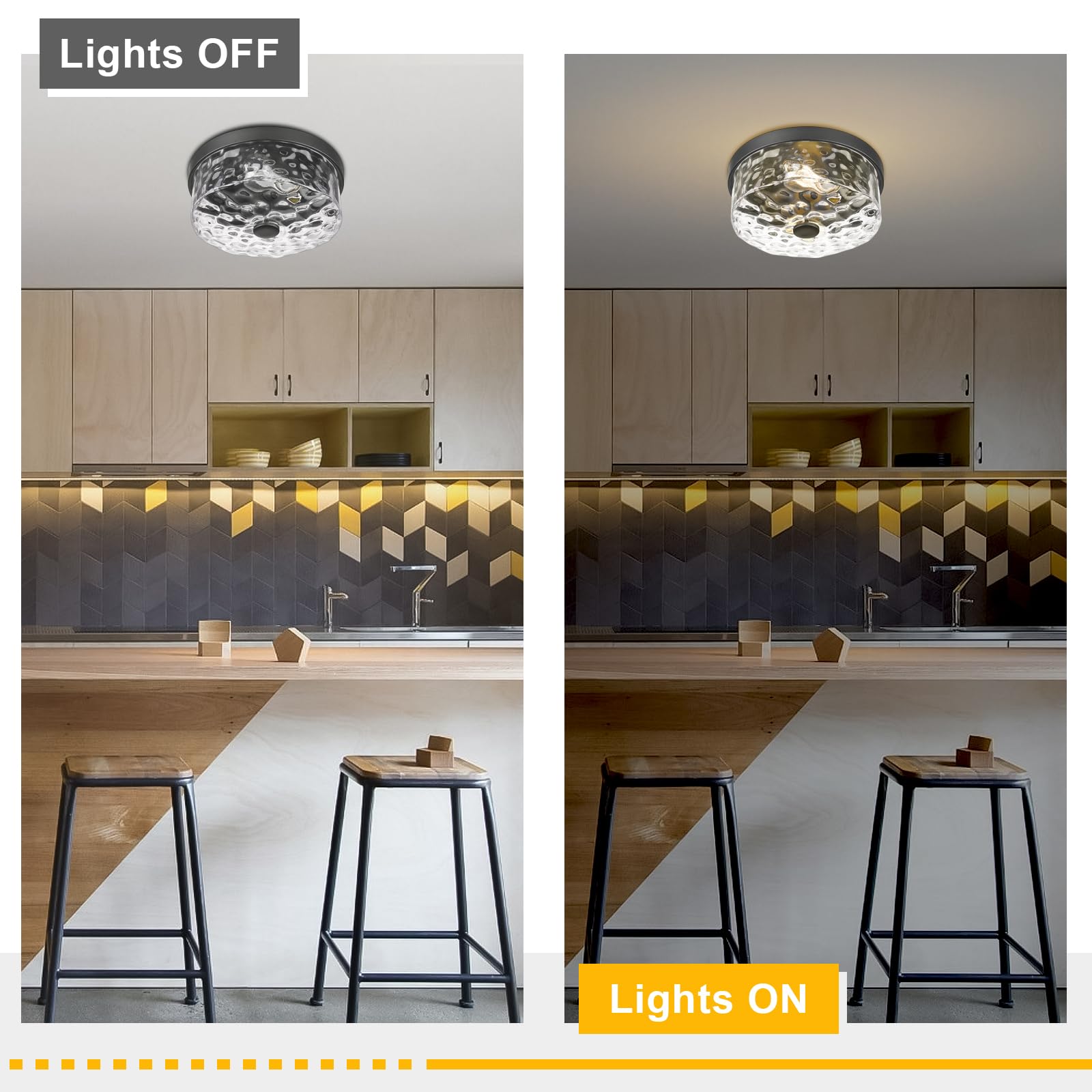 Luminzone Flush Mount Ceiling Light With Water Ripple Glass Shade, Modern 2-Light Ceiling Lighting For Kitchen Living Room Porch