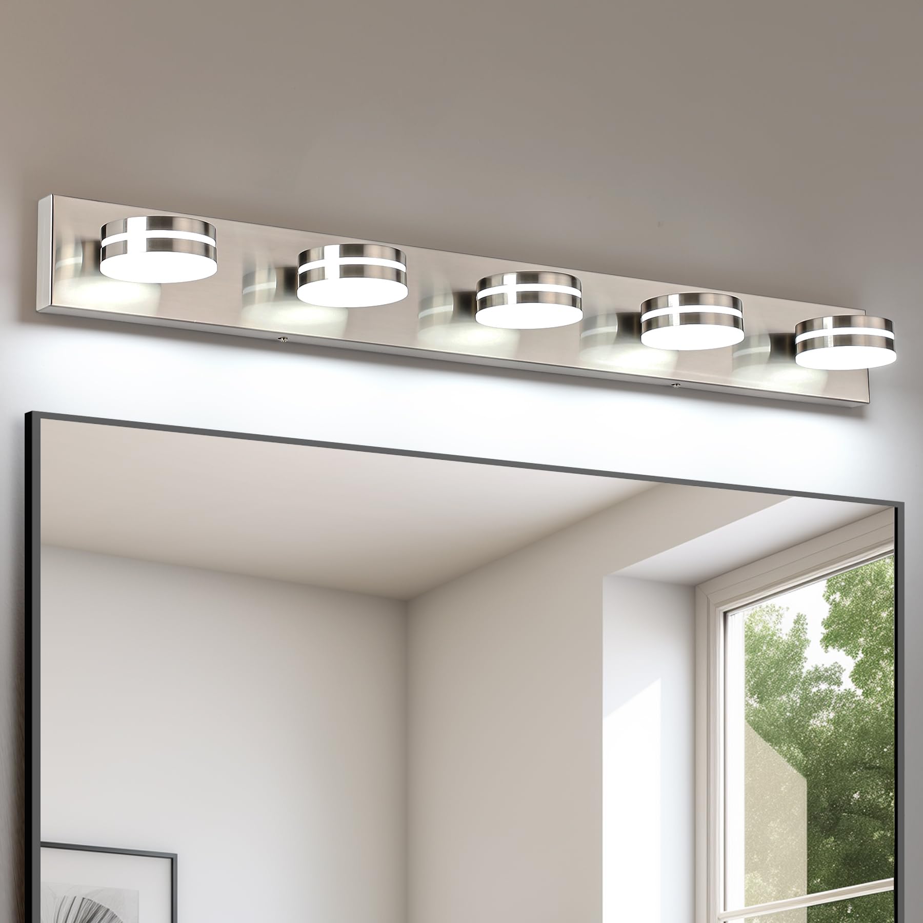 Bicrink Brushed Nickel Bathroom Light Fixtures Over Mirror  5-Light Bathroom Vanity Light  Led Dimmable Bath Lights  Modern Wall Mounted Lighting Fixture With Rotating Lamp Head