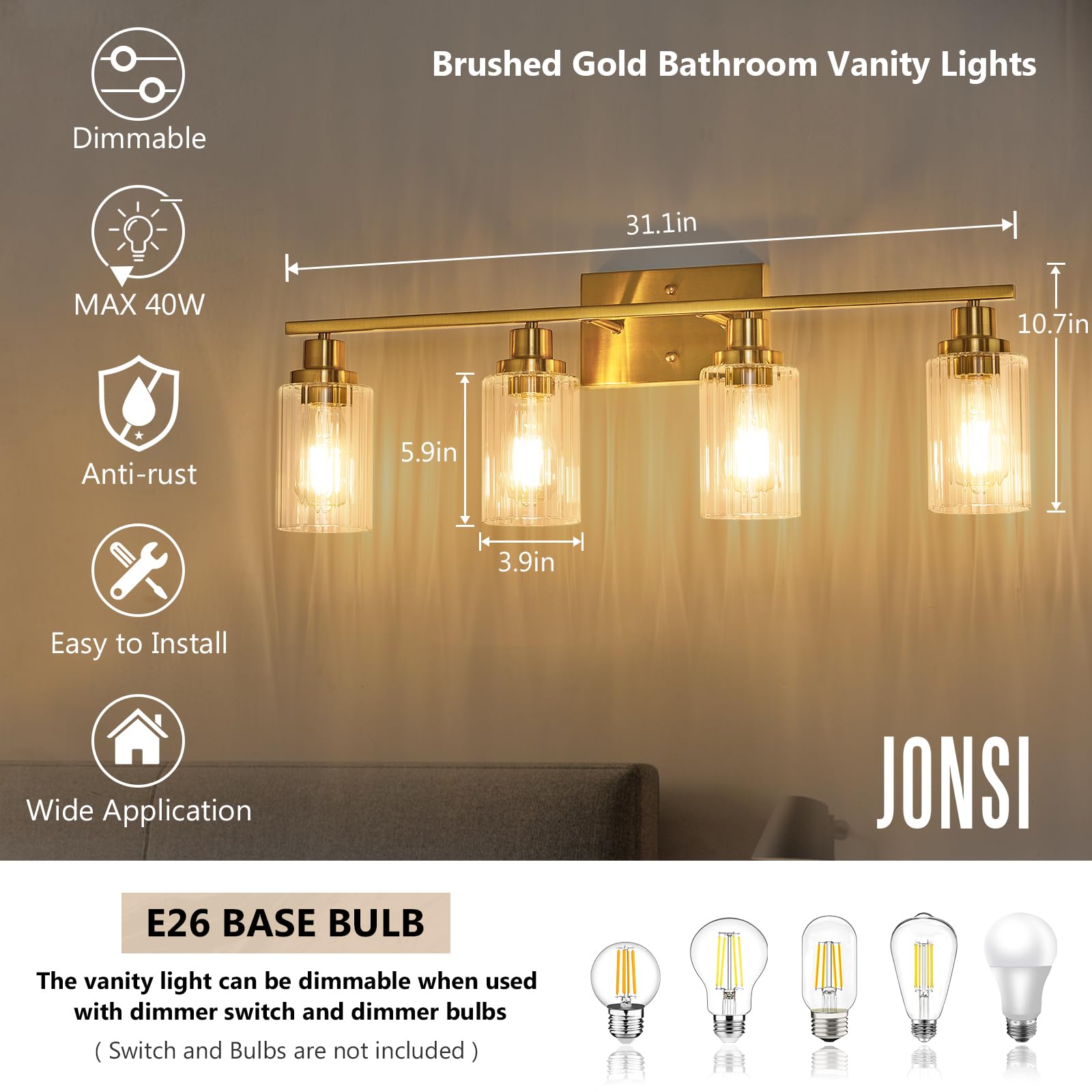 Jonsi 4-Light Brushed Gold Bathroom Vanity Light Fixture with Glass Shades, 31.1 Inch, E26 Wall Sconces for Bathroom, Living Room, Hallway