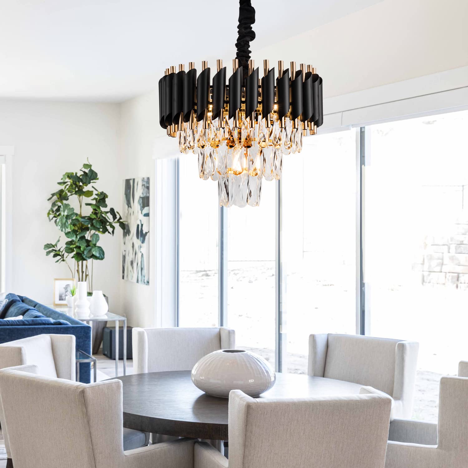lighceac 15" 5-Light Modern Crystal Chandelier - Black Gold 3-Tier Luxury Pendant Lighting for Dining Room, Living Room, Kitchen