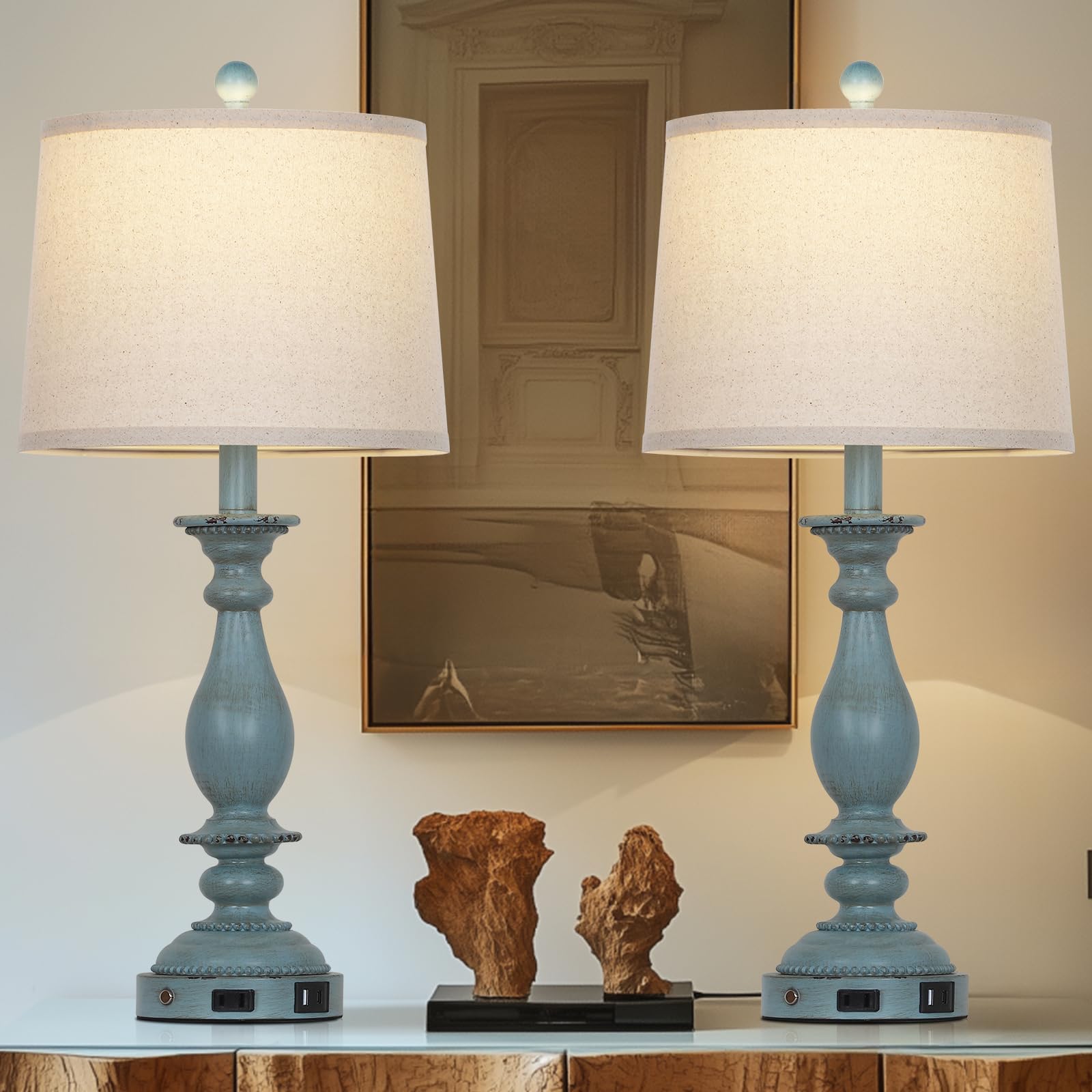 Cinsary 28'' Tall Coastal Table Lamps For Living Room Set Of 2, Farmhouse Rustic Blue Bedside Touch Lamp With Usb C+A Ports & Ou