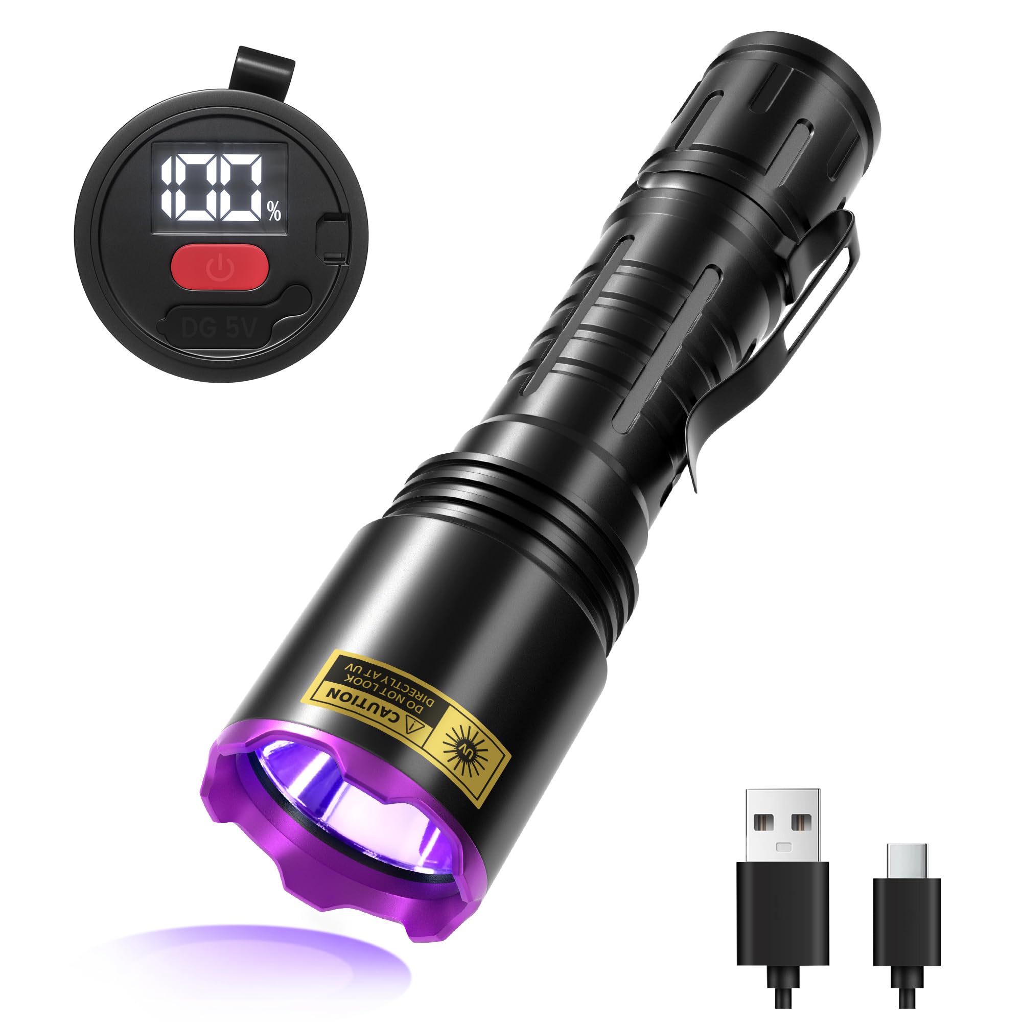 VMTENMV 395nm UV Flashlight Black Light, Rechargeable Blacklight Flashlight with LED Display, 20W Ultra-Bright IP65 Waterproof, 