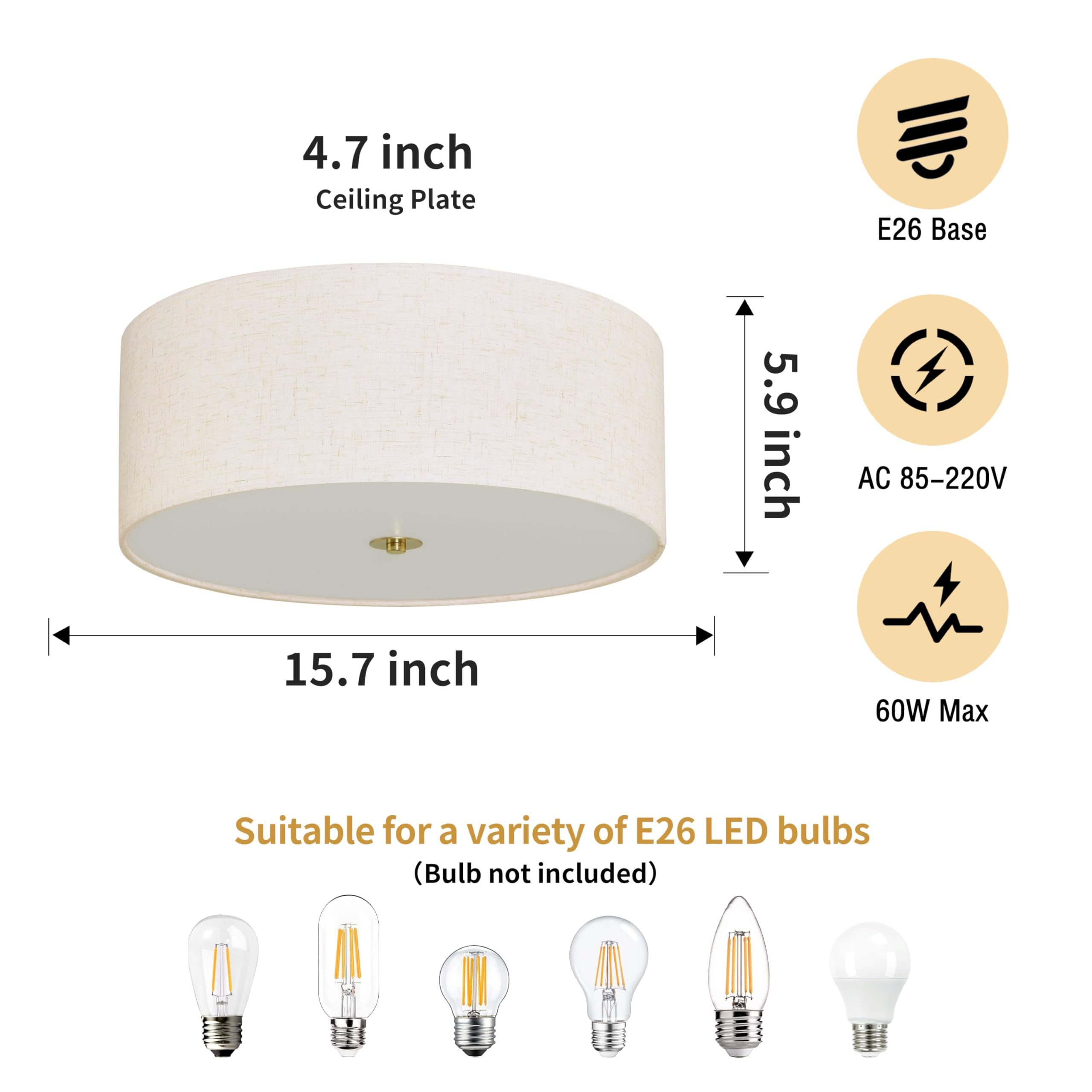 15.7 Inch Flush Mount Ceiling Light Fixture 3-Light Drum Modern Gold Ceiling Light Fixture Dimmable Close To Ceiling Light Fixtu