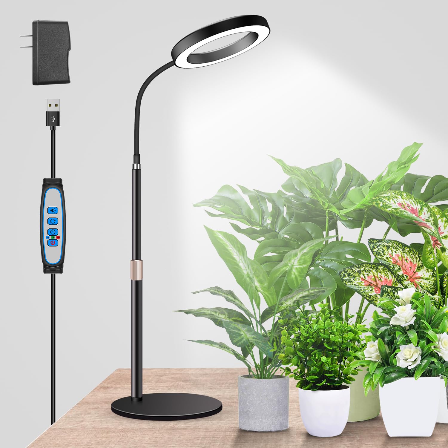 Garpsen Grow Lights For Indoor Plants, 80 Leds Full Spectrum Desk Plant Light With Timer For 6H/12H/16H, 5 Dimmable Levels & Flexible Gooseneck 6000K Grow Lamp With Base, Height Adjustable 16.5-25&quot;