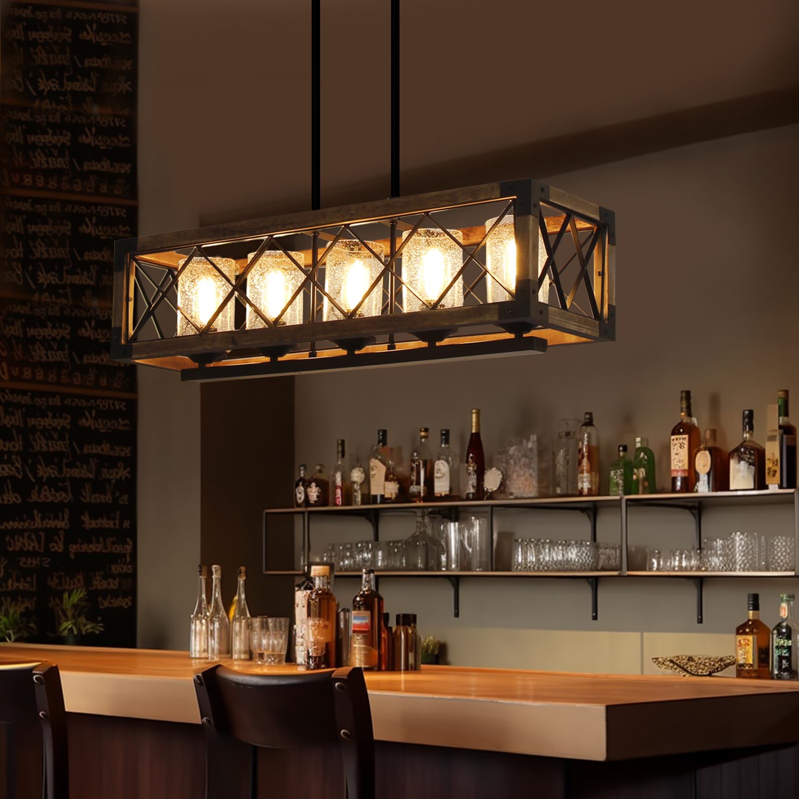 Giluta Rectangle Wood Metal Pendant Light Kitchen Island Chandelier Black Finish Rustic Industrial Chandelier Vintage Ceiling Li