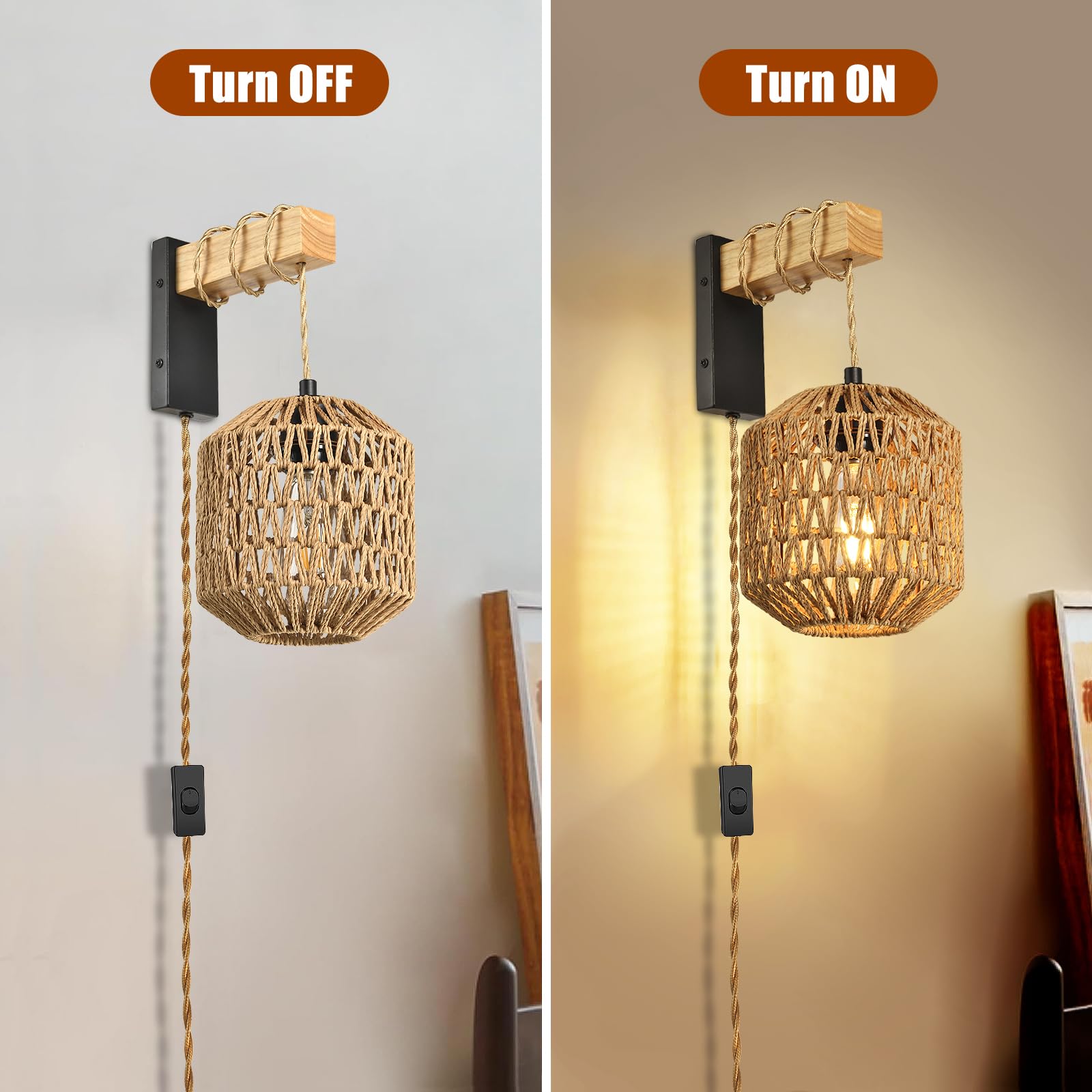 NOVCAND Rattan Plug in Wall Sconces Set of Two, Boho Design, Black, Model TW20240820, Size: Plug in Wall Sconces-02