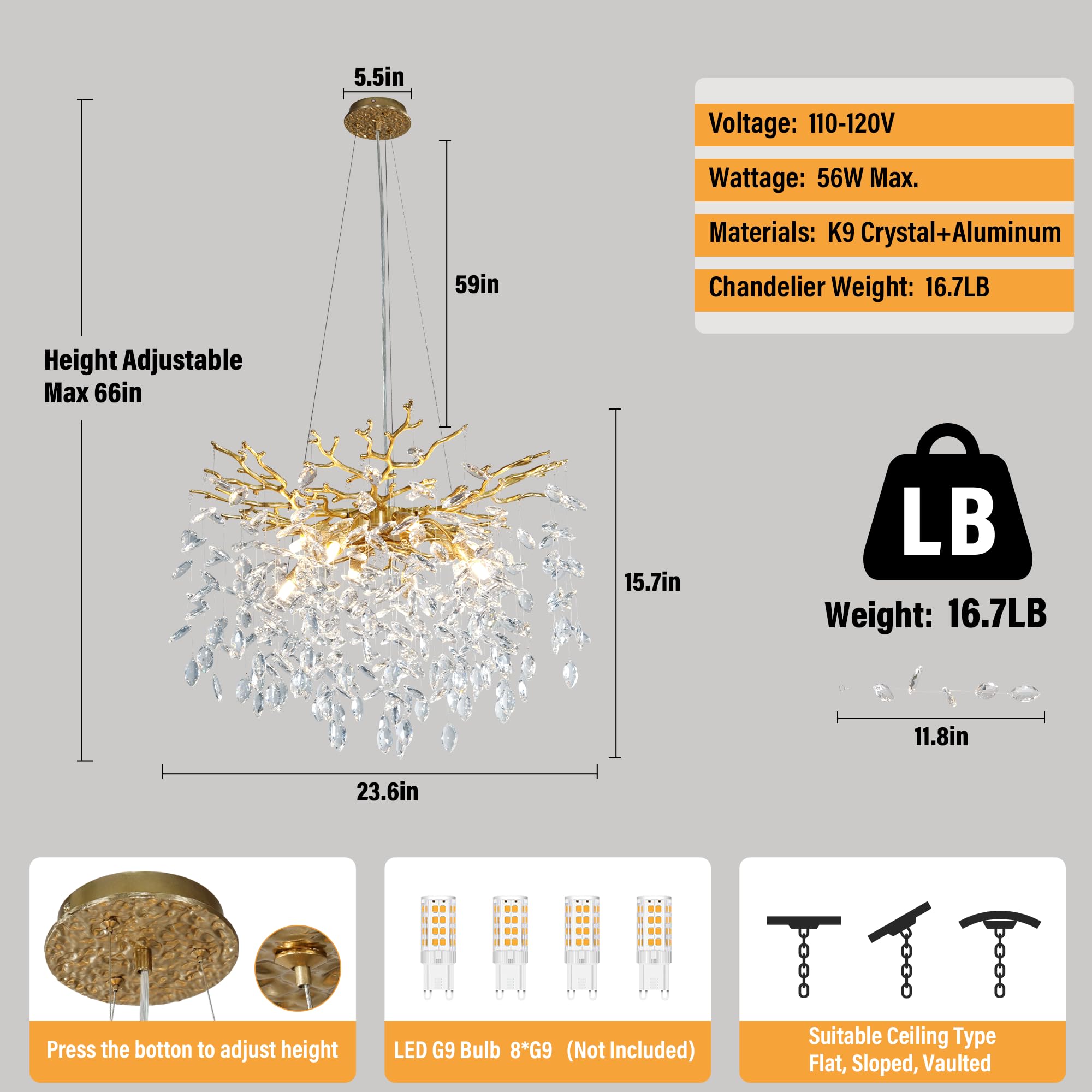 Yuyi 23.6 Modern Gold Tree Branch Crystal Chandelier  8-Light Round Raindrop Pendant Lighting For Dining Room Living Room Bedroom Kitchen Foyer Entryway  stylish K9 Crystal Statement Light Fixture