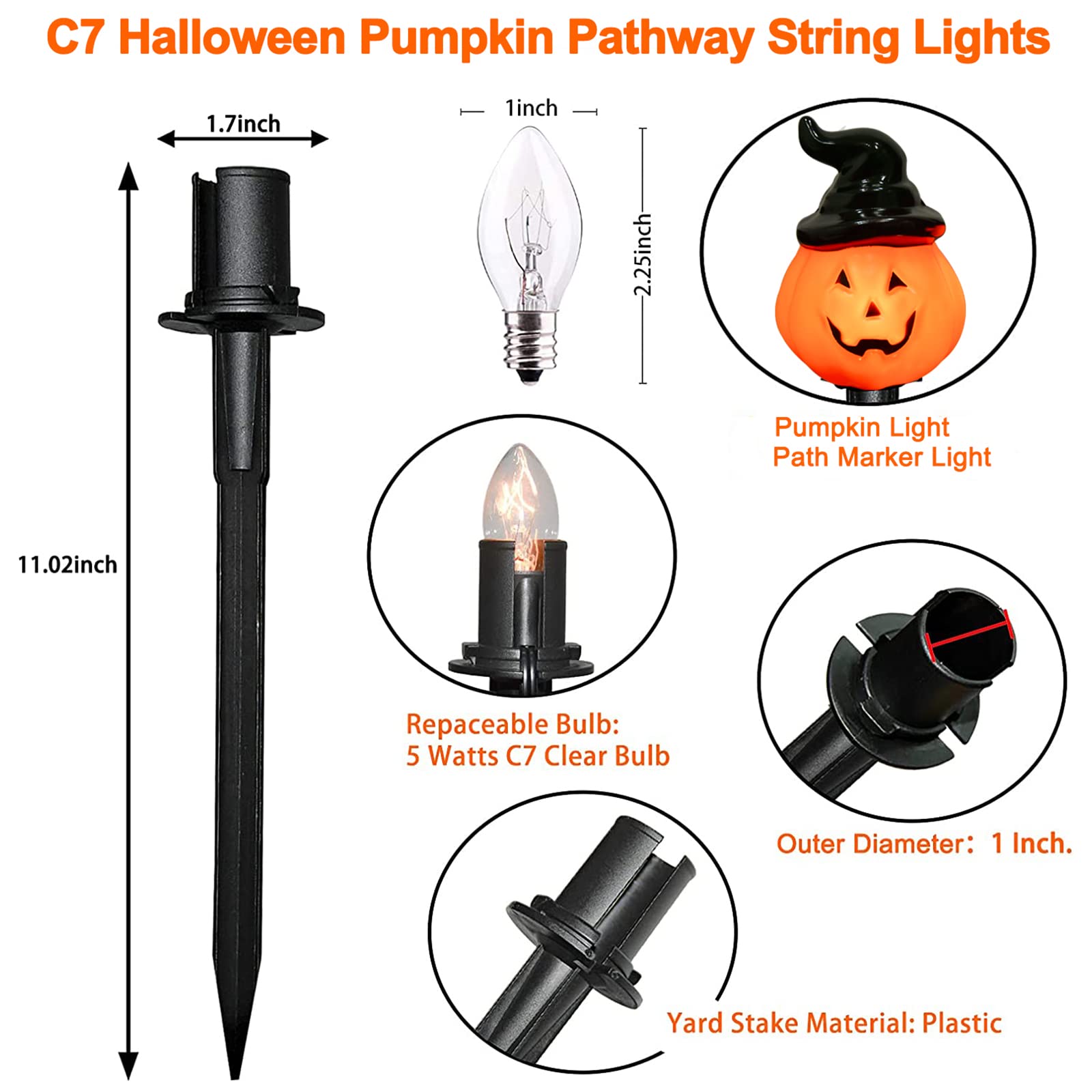 Halloween Pumpkin Pathway String Lights 4 Jack-O-Lantern Stakes Lights With C7 Bulbs  7Ft Extendable Wizard Hat Pumpkin Markers Lights For Outdoor Halloween Lawn Pathway Walkway Driveway Lighting