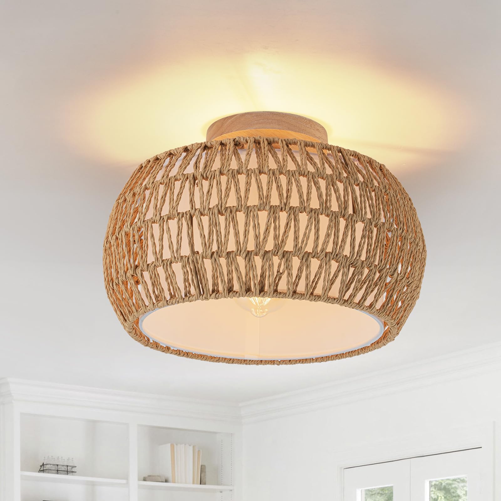 DSLITING Rattan Chandelier Boho Ceiling Light Fixtures Drum Flush Mount Ceiling Light Small Woven Chandelier for Kitchen Bedroom