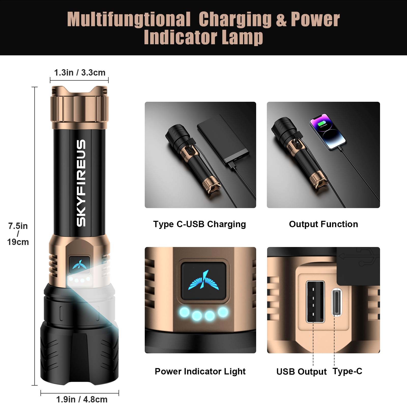 SKYFIRE Rechargeable Flashlight, 8000mAh, High Lumens, Zoomable, Waterproof LED, Model SF-1097-Type, Ideal for Camping and Emergencies