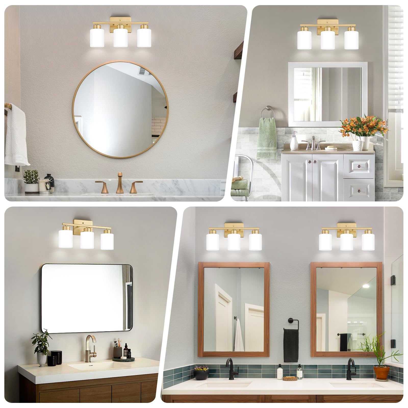 Fonmyim Gold Bathroom Light Fixtures, 3-Light Modern Vanity Light Over Mirror, Wall Sconces With Milky White Frosted Glass Shade
