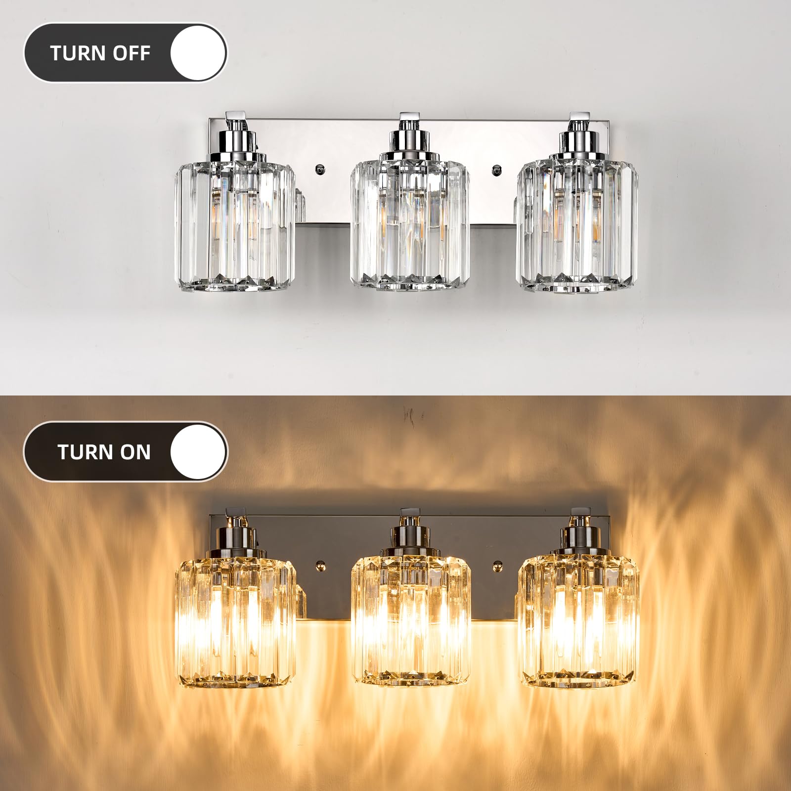 Haolaike 3 Lights Chrome Bathroom Vanity Light Fixture, Modern Metal Design, E27 Base, Over Mirror, Model 3L-CRYSTAL-BATH-VT-LIGHT