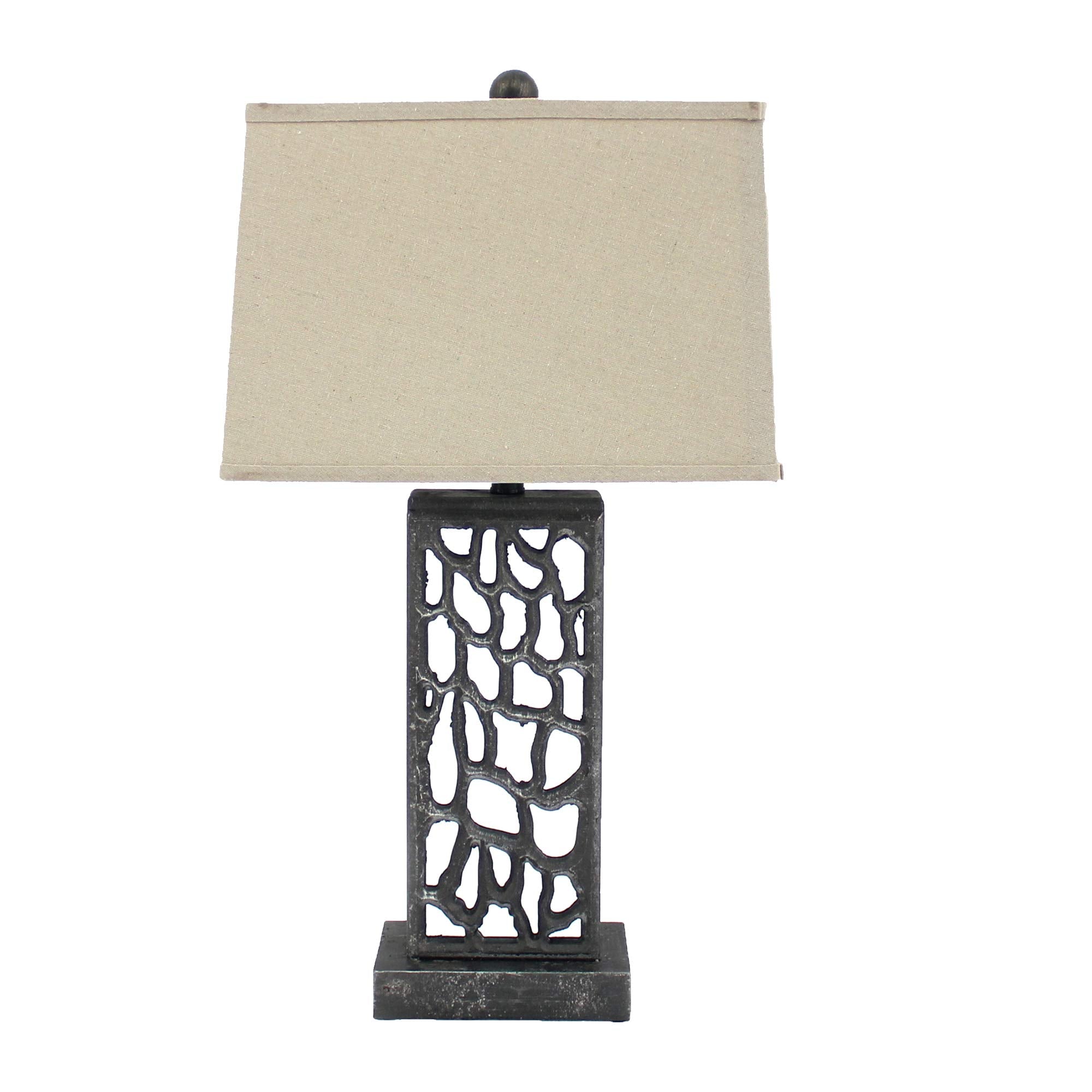 HomeRoots Table Lamp - Silver Metal with Multi Mini Grotto Pattern - 5inx8inx28.75in - Beige Linen Shade