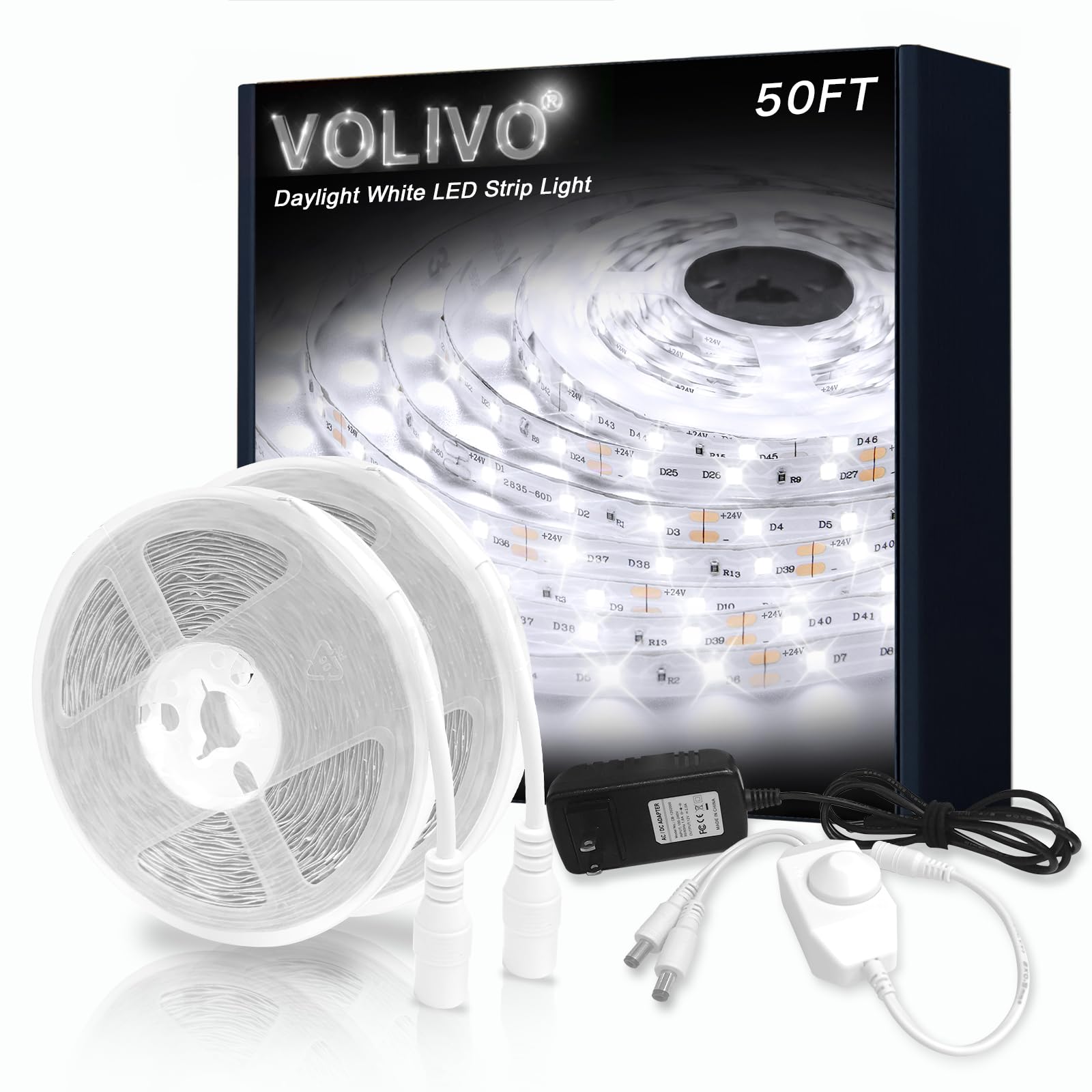 VOLIVO LED Strip Light 50ft Dimmable 6500K Bright Daylight White Flexible Tape for Mirror Kitchen Cabinets Bedroom VLSLW7502