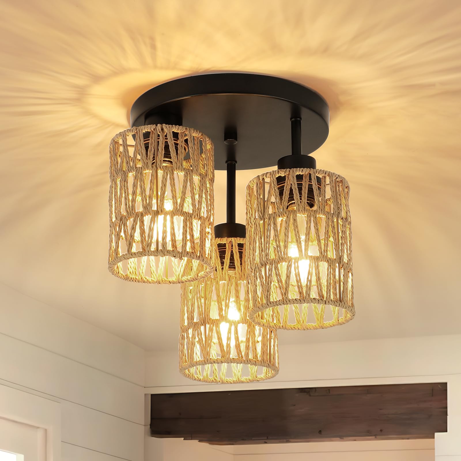 foucasal Boho Light Fixtures Ceiling Mount, 3-Light Boho Flush Mount Ceiling Light, Rattan Woven Chandelier Lighting for Farmhou
