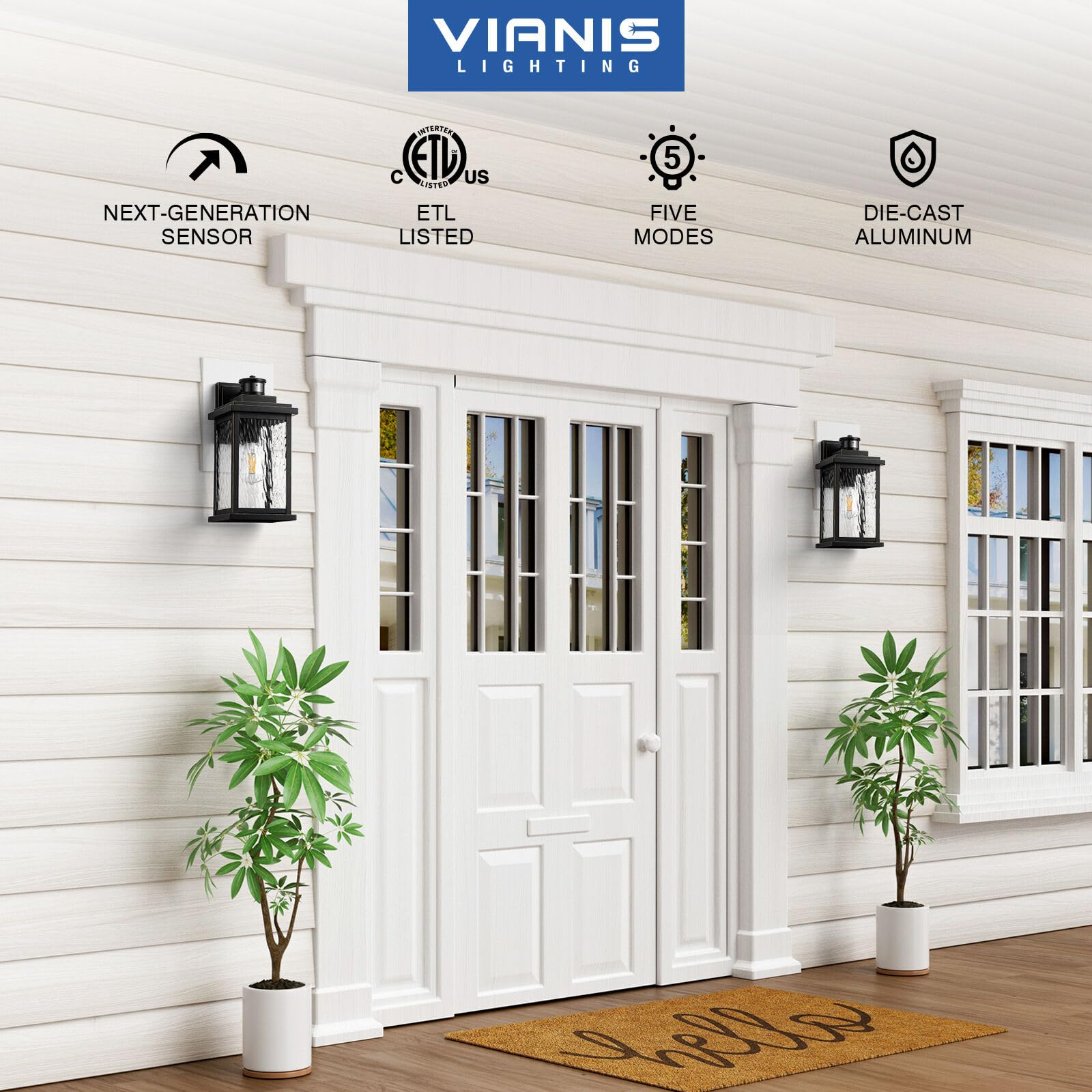 VIANIS Large Motion Sensor Outdoor Lights, Waterproof Aluminum, Dusk to Dawn, Matte Black, Model V8101M1.KG