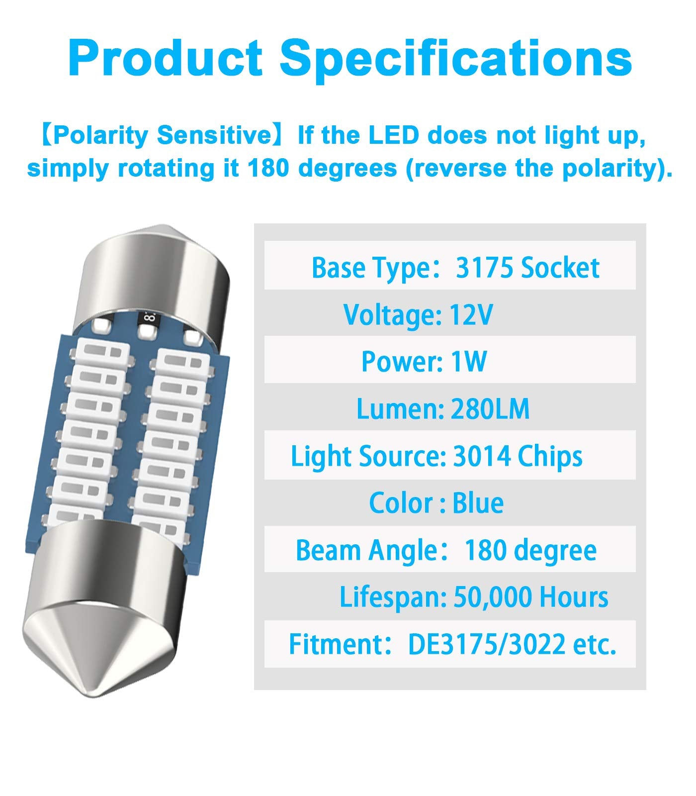 Serundo Auto DE3175 LED Festoon Bulb, 31mm 4PCS, Blue, Aluminum, Compatible with DE3021 DE3022 DE3023 6428 6430