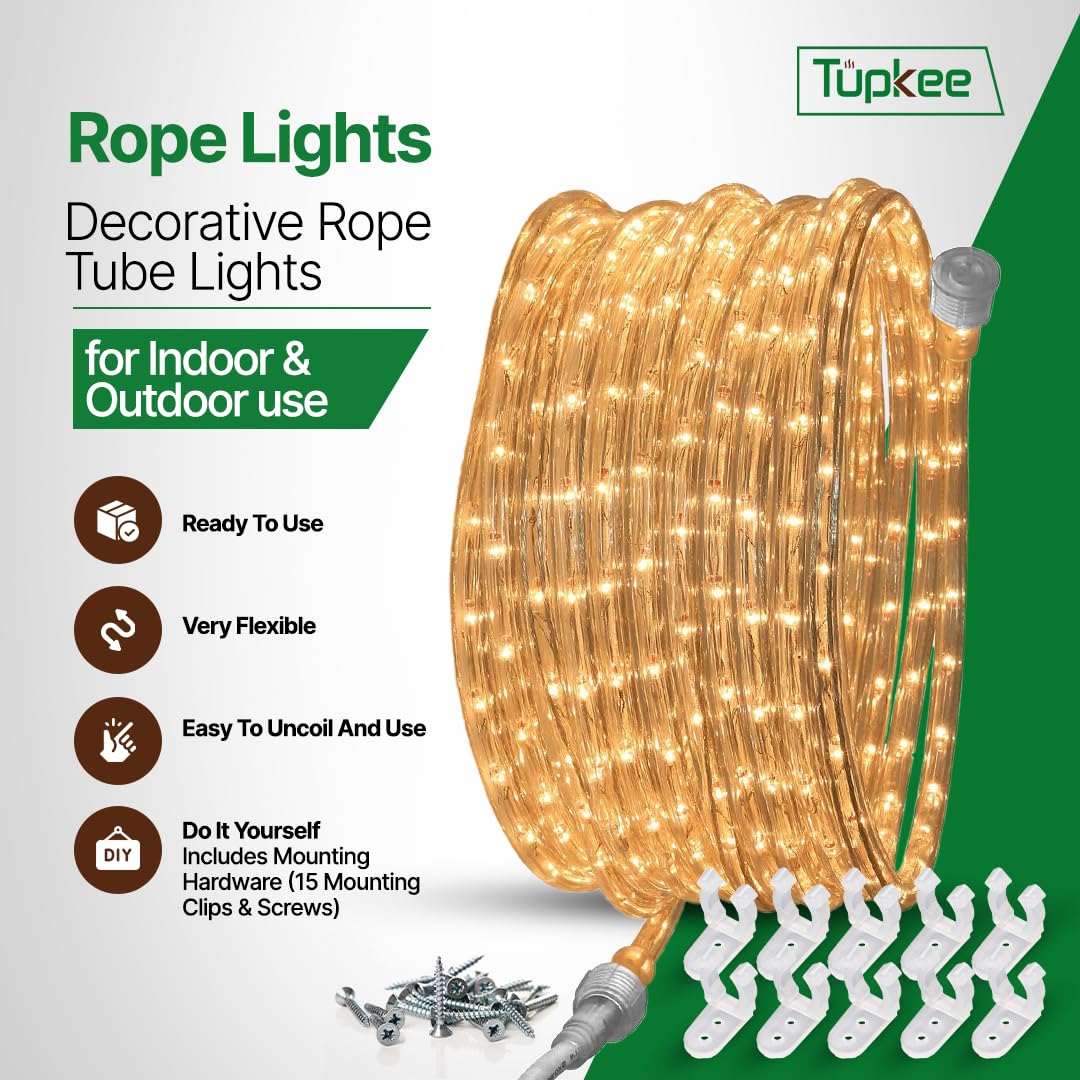 Tupkee 24ft Clear Incandescent Rope Light - 288 Warm Bulbs for Indoor/Outdoor Use, 10mm Diameter Decorative Lighting