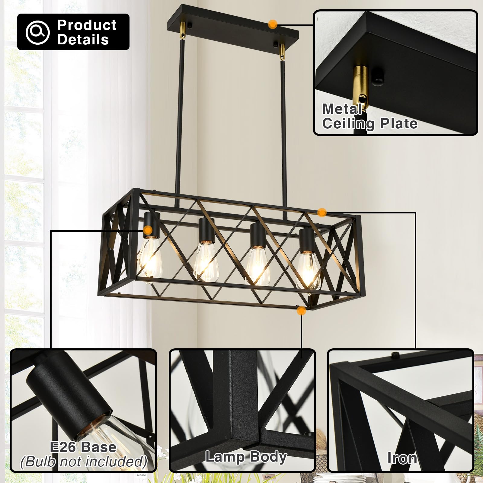 Pretoy Black Farmhouse Chandelier - 4-Light Iron Pendant Lighting for Dining Room & Kitchen Island, Model 00008-4