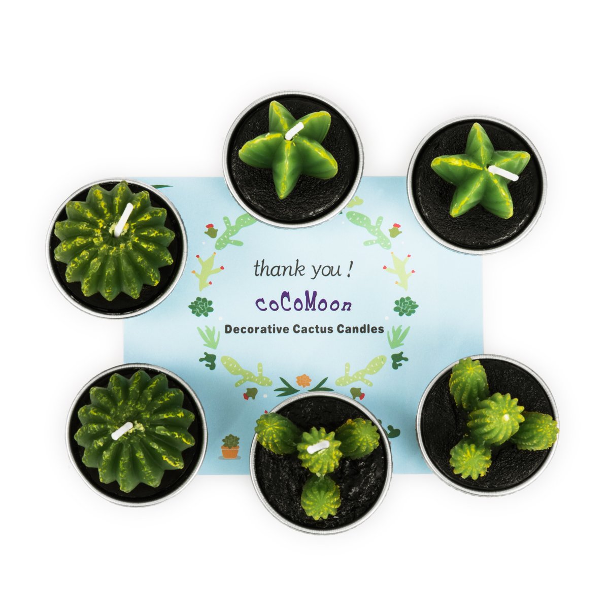 COCOMOON Cactus Tea Light Candles, 6 Pcs Decorative Candles with Artificial Succulents, Unscented, 30 min Burn Time, Modern Desi