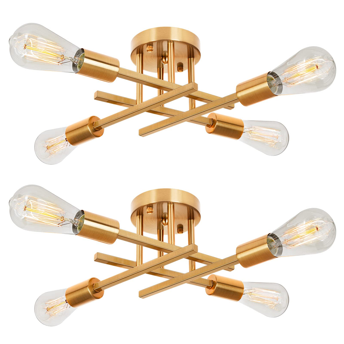 SunRider 2-Pack Industrial 4-Light Semi Flush Mount Ceiling Light Fixture, Farmhouse Lighting Brushed Golden, Indoor Gold Retro 
