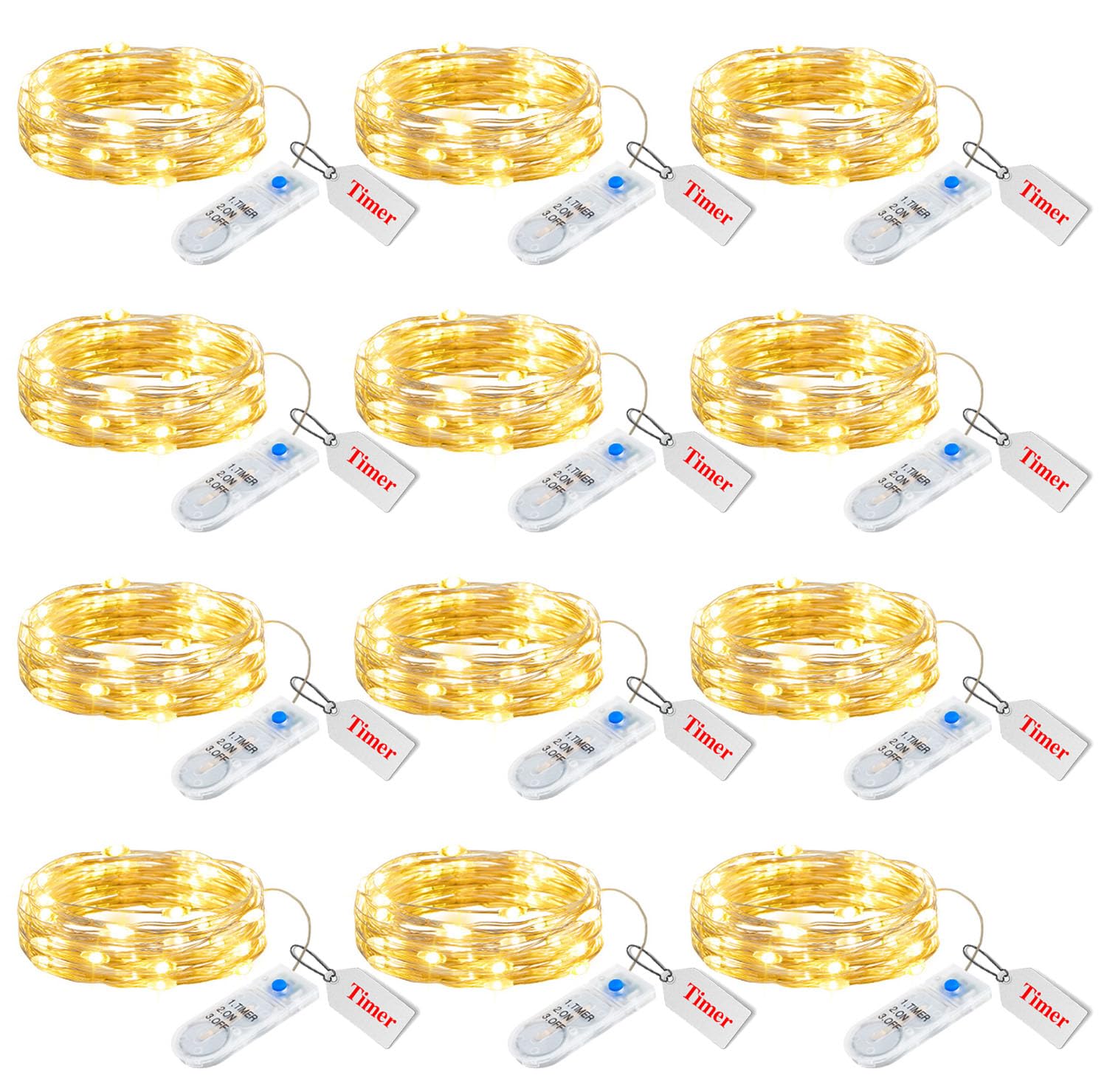 Minetom 12 Pack Fairy Lights, 20 LED Waterproof String Lights, Warm White Silver Wire, Battery Operated with Timer, 7ft for DIY Crafts