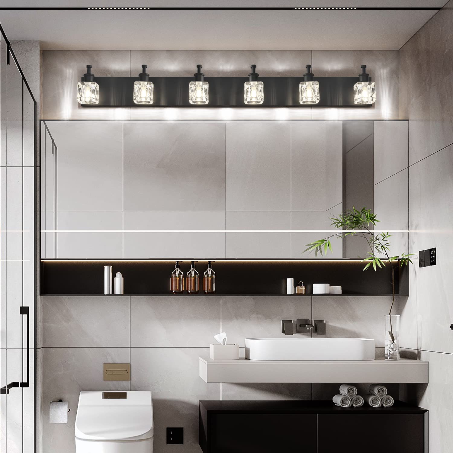 PRESDE Modern Crystal Black Vanity Light Fixture - 6 Lights, Metal Matt Black, Model ae9187d0-ba87-470b-b7ca-ba41ca19c82b