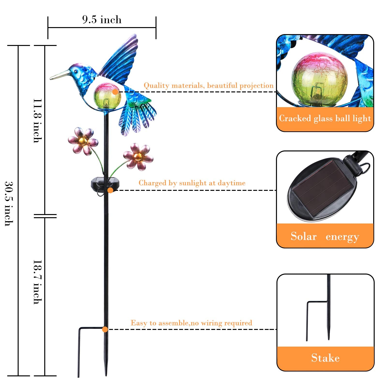 Afirst Solar Garden Stake Lights - Waterproof Hummingbird LED - Warm White Glass Globe - Model 91acfff7-9c00-4181-ae1c-c0ddcc183ad