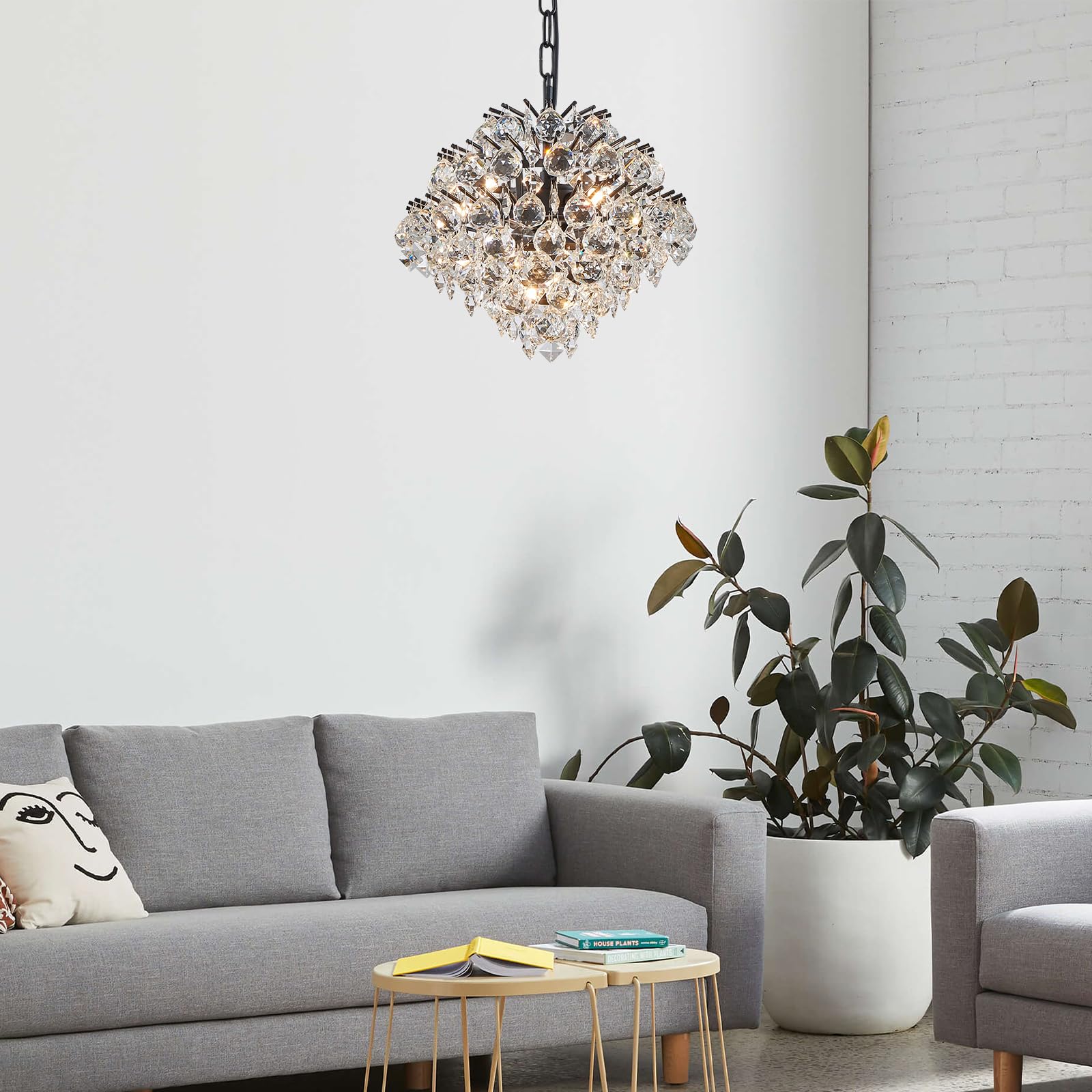 Bestier Black Modern Pendant Chandelier, Crystal Raindrop, D11" x H12", 4 G9 Bulbs, Ceiling Light Fixture for Dining Room, Bathroom, Bedroom, Living Room