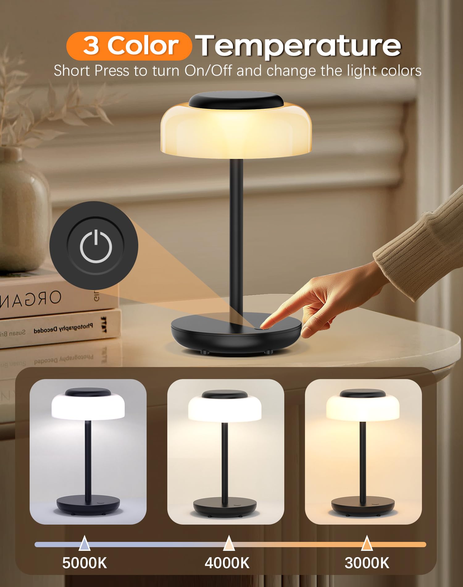 Qimh Battery Operated Led Table Lamp, 5000Mah Rechargeable Cordless Lamp Set Of 2, Stepless Dimmable Touch Control, Small Waterp