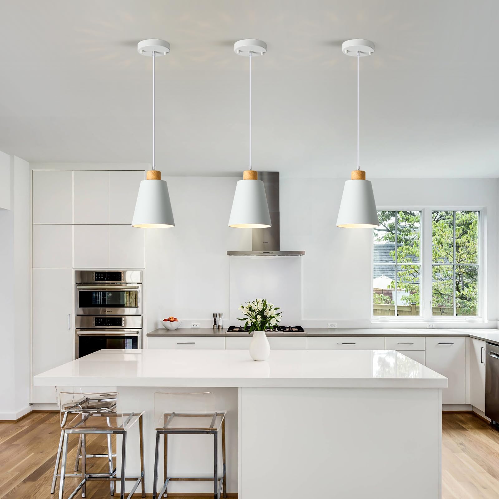 Lamknvs Mini Pendant Light Fixtures White Wood Pendant Lighting For Kitchen Island 7.87In Cone Modern Ceiling Hanging Lights Hollow Shade Nordic Island Light For Counter  Bar  Hallway