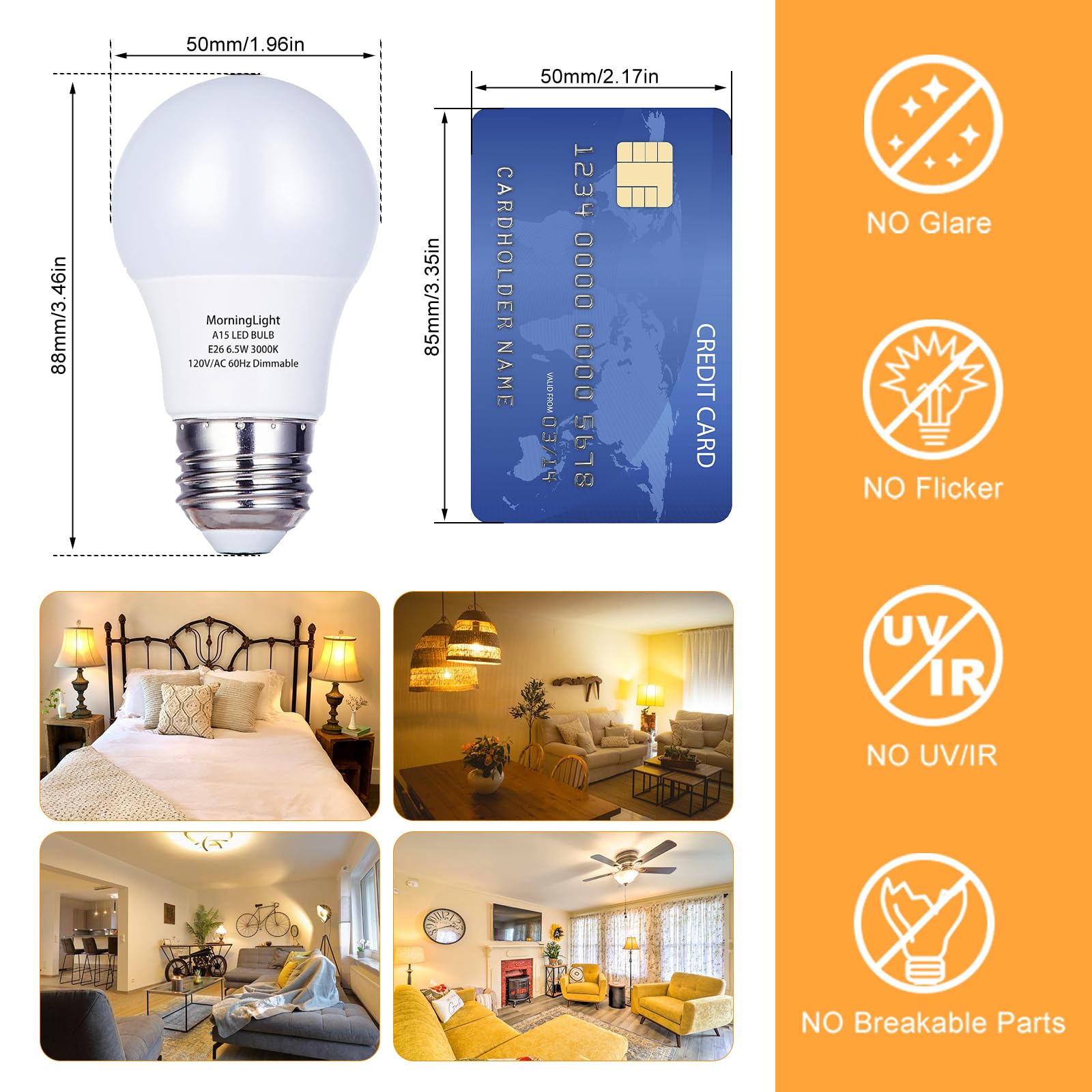 MorningLight A15 LED Bulb Pack of 6, 6.5W Dimmable, 3000K Soft White, E26 Base, 600LM for Ceiling Fans & Fixtures
