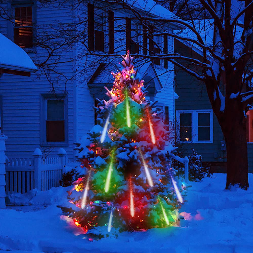 Lauzior Christmas Lights Outdoor, Meteor Shower Falling Rain Lights 12 Inch 8 Tube Snow Falling Icicle Cascading Light For Xmas