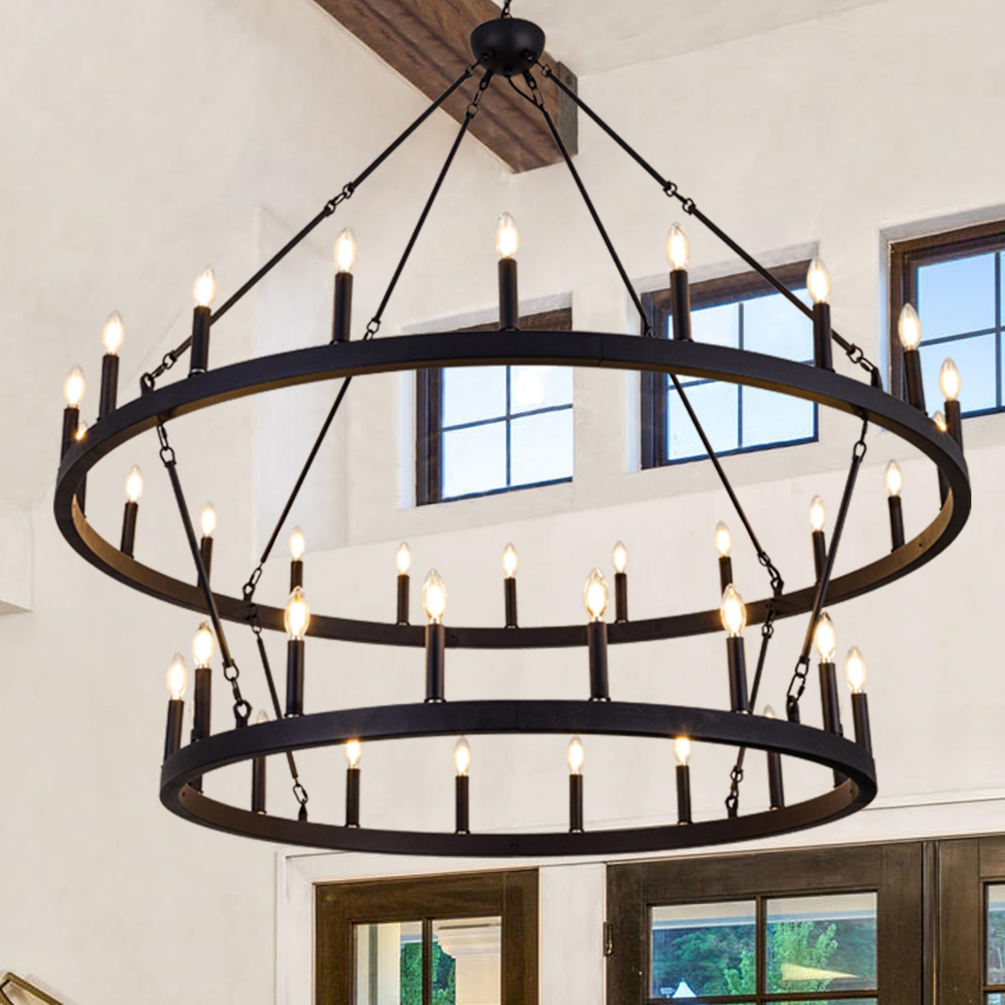 Wellmet Large Dining Room Chandelier, Black 2 Tier Wagon Wheel Vintage Chandelier, Farmhouse Round High Ceiling Light Fixture, I