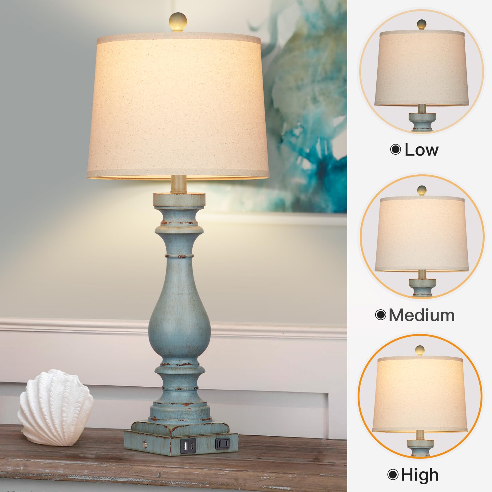 Cinkeda 27.5'' Tall Coastal Lamp,Retro-Blue Vintage Bedside Nightstand Lamps With Usb Charging Ports A/C,3-Way Dimmable Touch Co