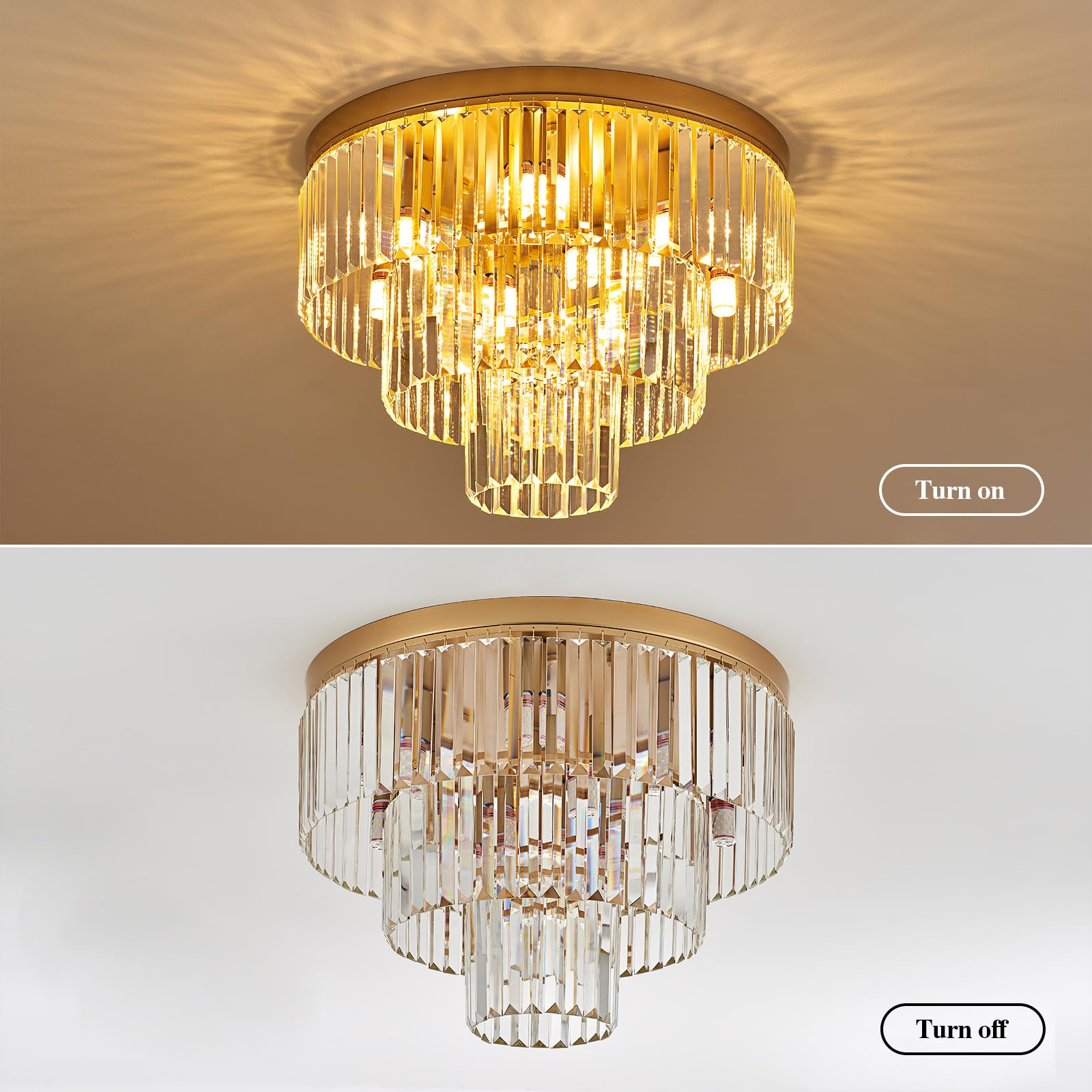 Faibra 10-Light Gold Crystal Ceiling Light 21.65" Modern Crystal Ceiling Light Fixture 3-Tier Luxury K9 Crystal Ceiling Light,For Dining Room Kitchen Island Living Room Bedroom Entryway