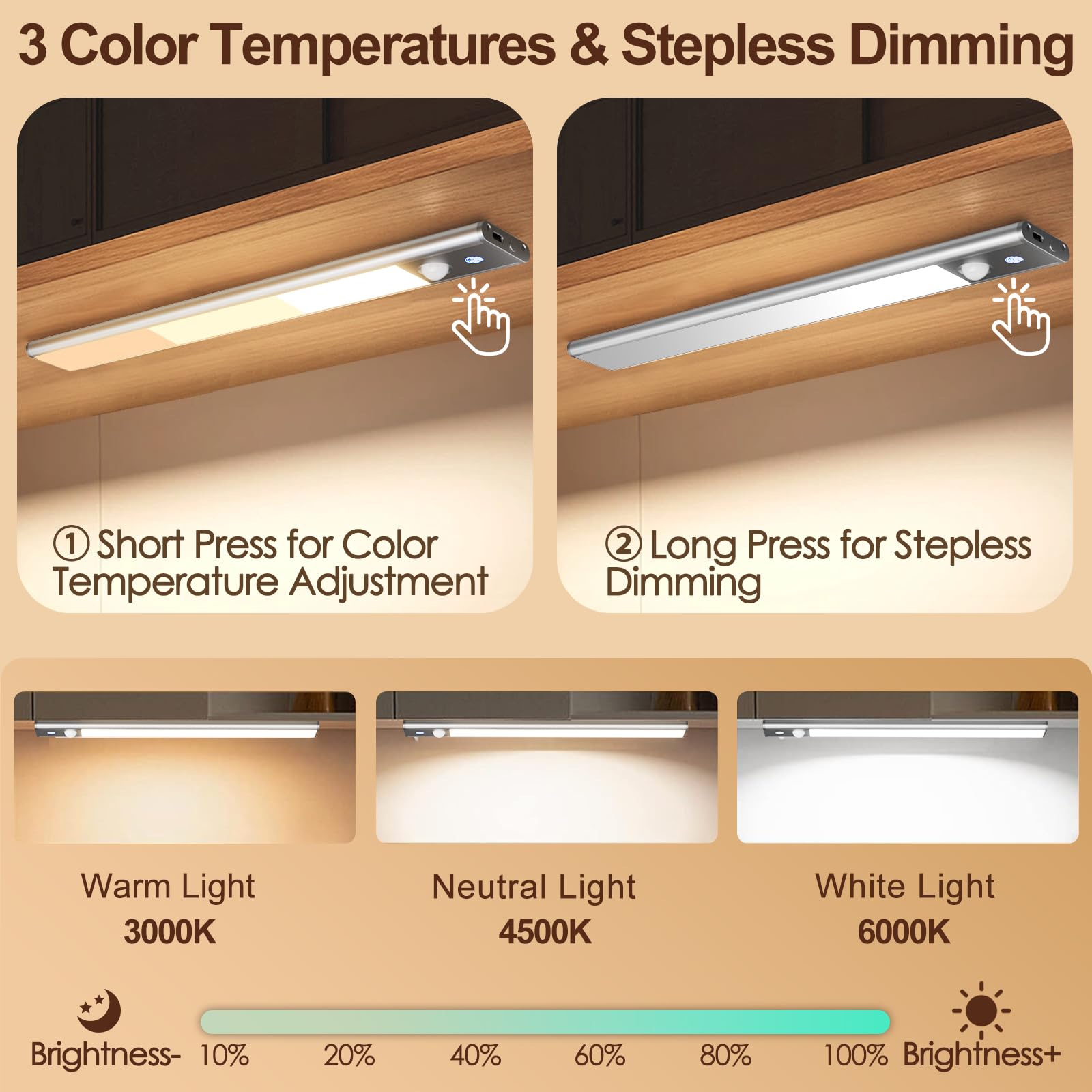 Quntis LED Under Cabinet Lighting, 12" Wireless Motion Sensor Light, Dimmable, Light Gray, Battery Operated, Model LI-HL-0033-SR-SWE, 2